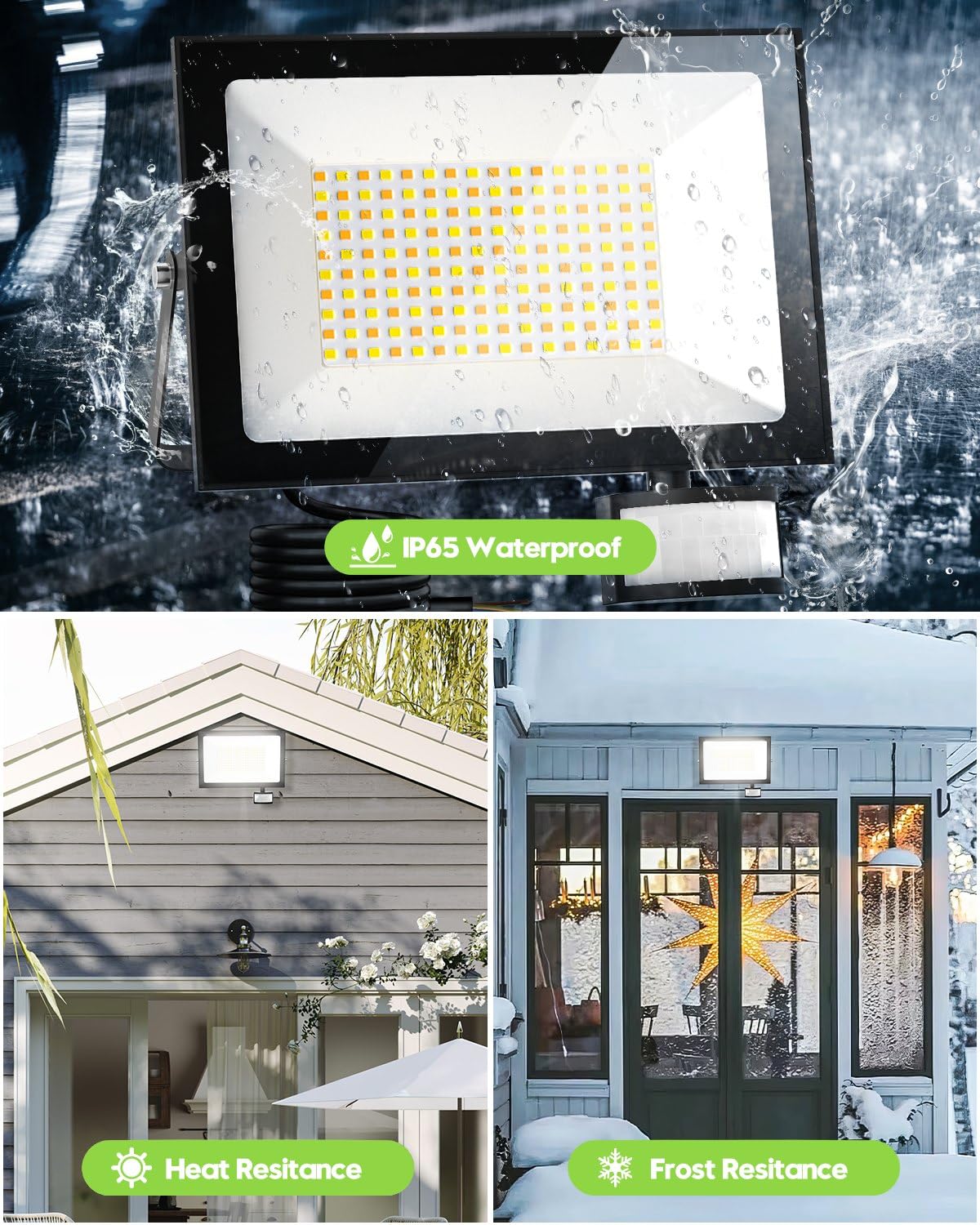 Sararoom Zewnętrzna lampa LED 100 W, czujnik ruchu, 10000 lm, zewnętrzna lampa punktowa LED z 3 regulowanymi kolorami, wodoszczelność IP65, pilot zdalnego sterowania, do garażu, magazynu, podwórza