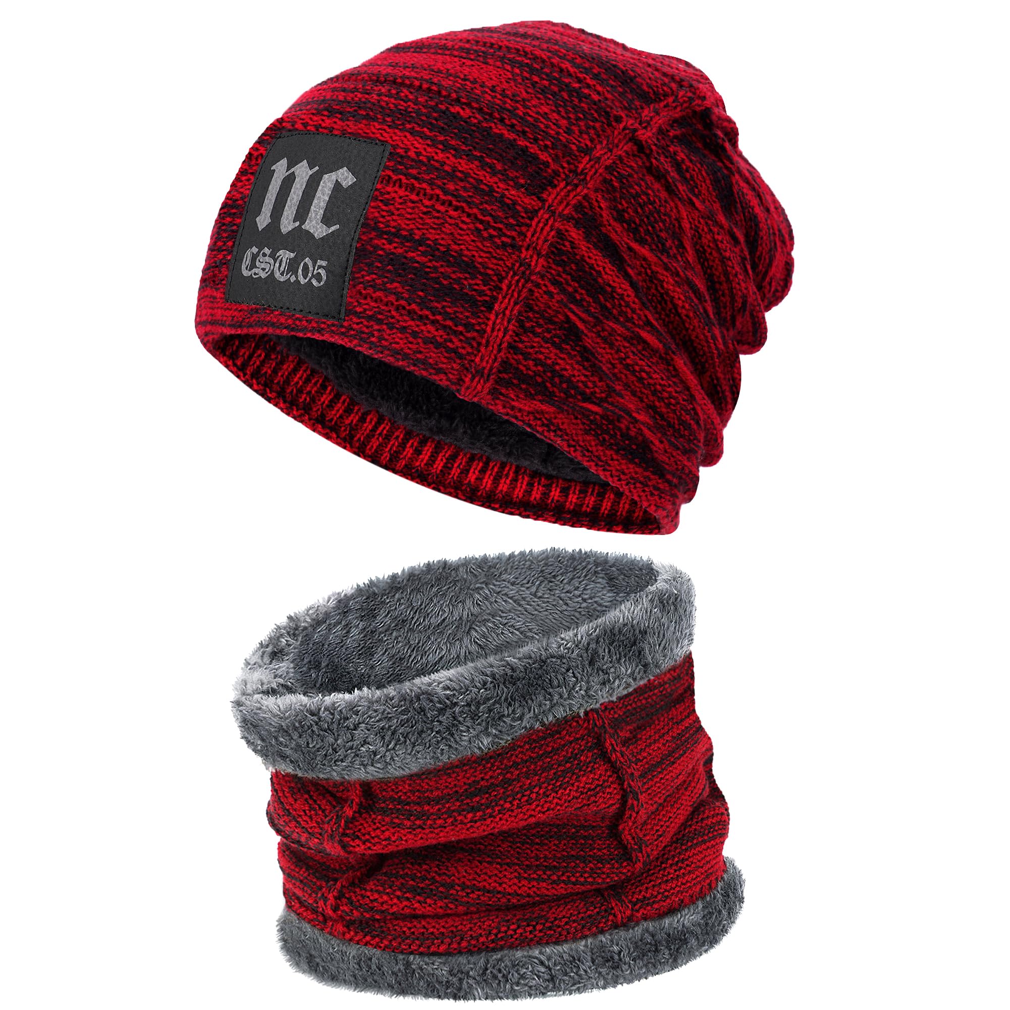 FZ FANTASTIC ZONE Mens Womens Winter Beanie Hat Scarf Set Warm Knit Hat Thick Fleece Lined Winter Cap Neck Warmer for Men Women, B Red, size