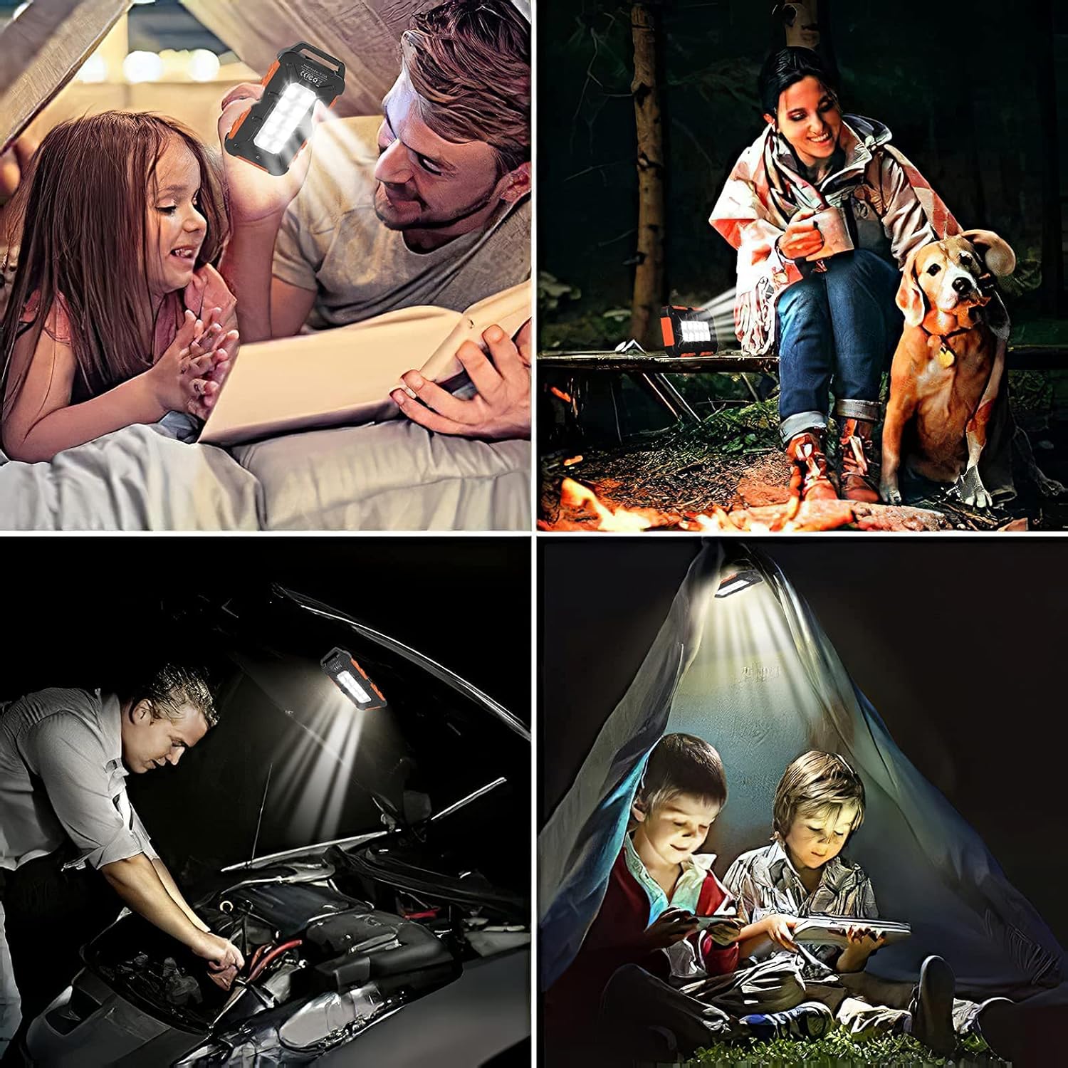 Collage of images showing the power bank's LED flashlight being used in different scenarios: reading in a tent, lighting up a car engine, and providing light during camping.