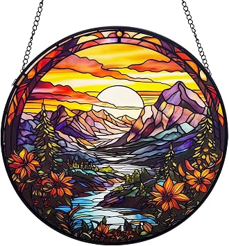 Sunset Stained Glass Window Hanging, 9.84 Mountain River Landscape Suncatcher, Stylish Home Decor for Windows, Walls, Patios