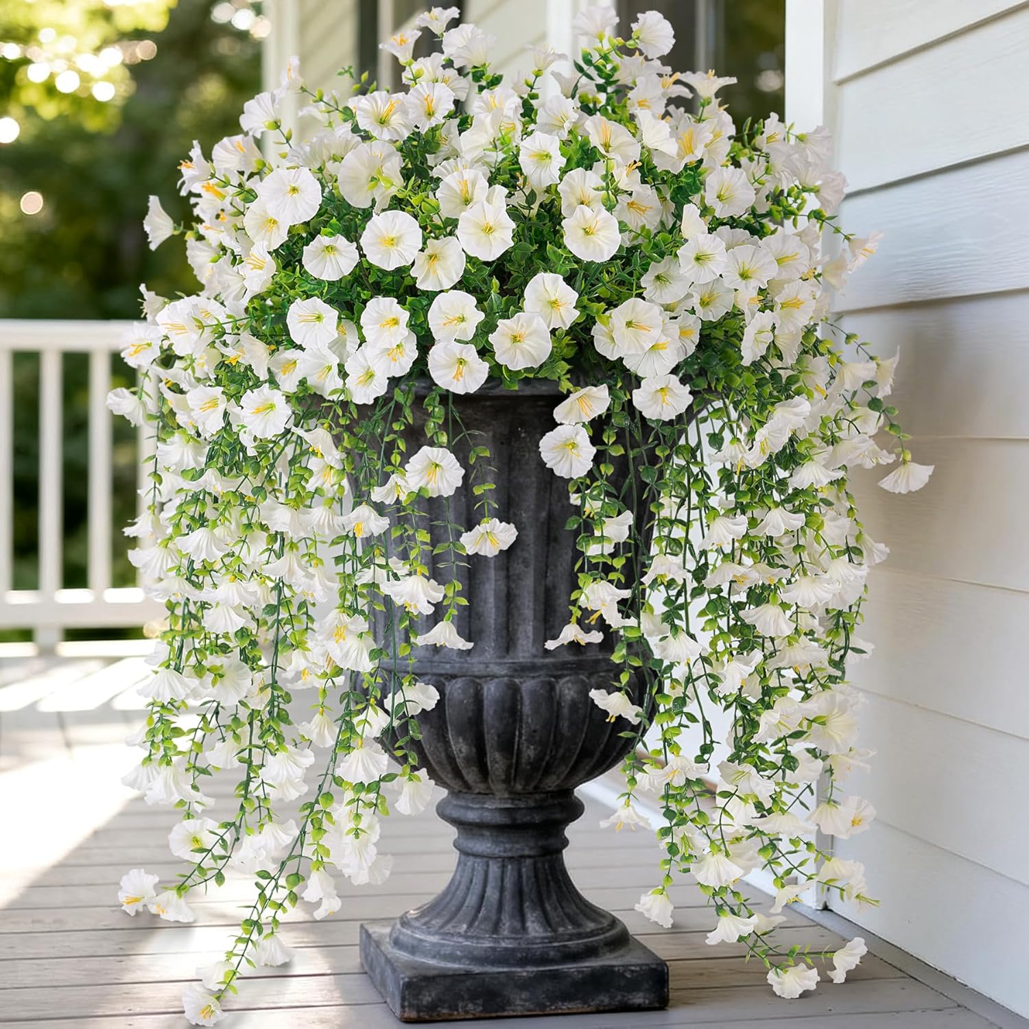 Artificial Hanging Petunias Flowers for Outdoor, 2pcs Fake Plants Long Vine Morning Glory Eucalyptus, UV Resistant Realistic Faux Greenery Indoor Outside Patio Porch Garden Spring Summer Decor, White