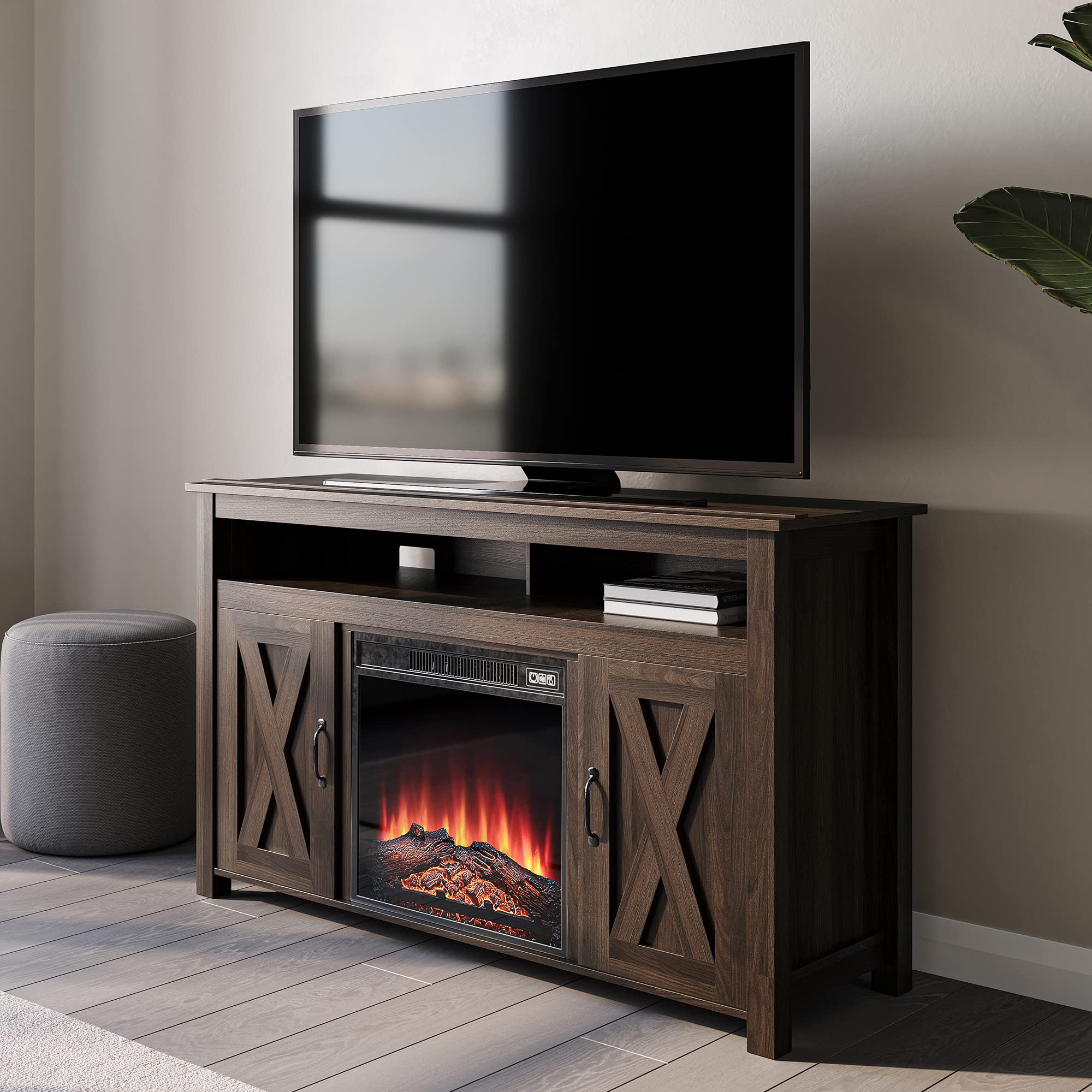 BELLEZE Modern 48 Inch Barn Door Wood Electric Fireplace TV Stand