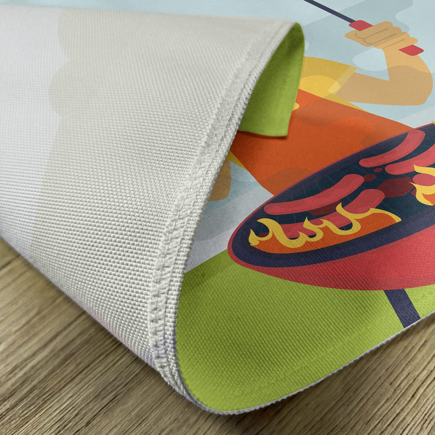 Lunarable BBQ Party Place Mats Set of 4, Smiling Happy Man Grilling Sausages Outdoor Cooking Themed Cartoon BBQ Party, Washable Fabric Placemats for Dining Room Kitchen Table Decor, Multicolor