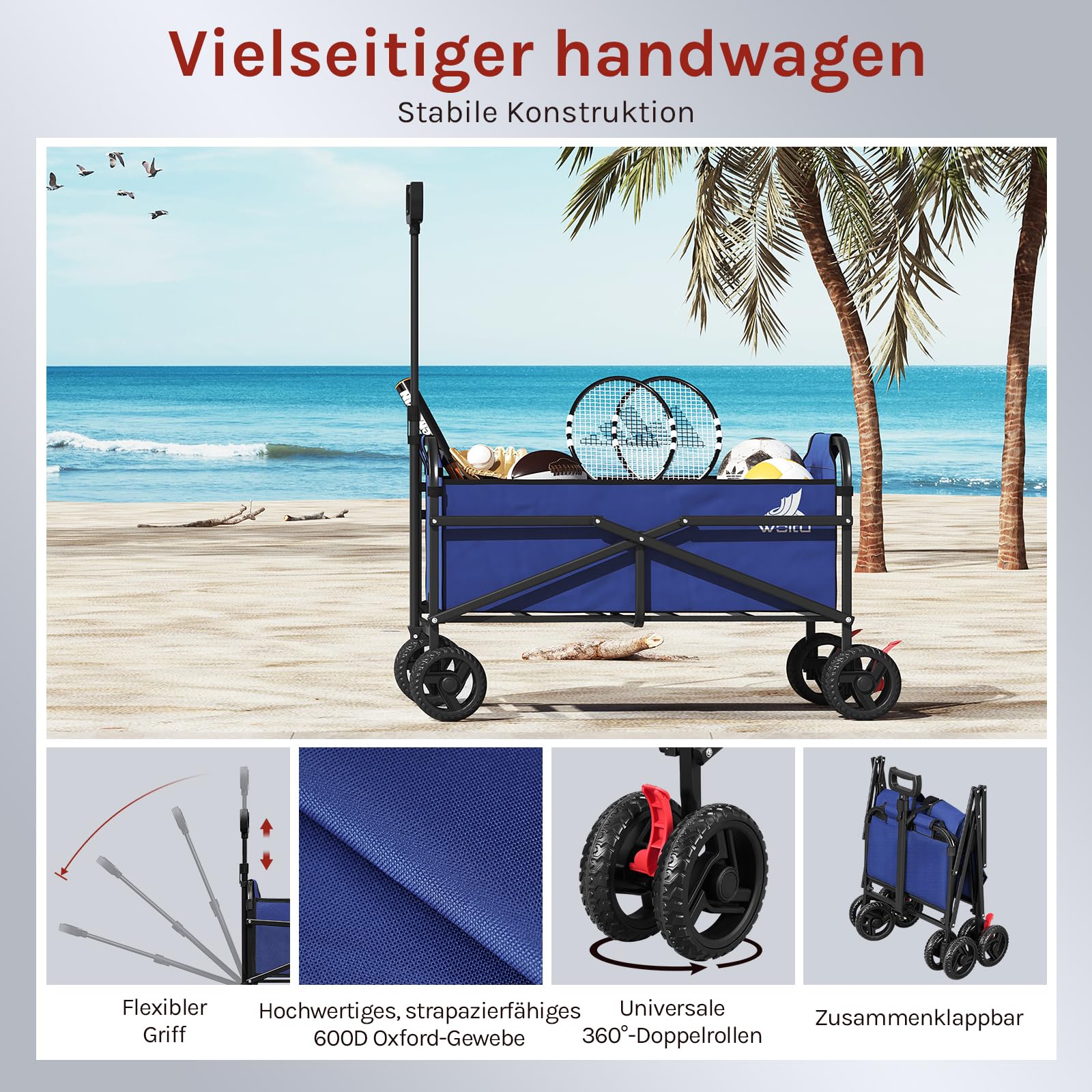 WOLTU Bollerwagen faltbar, Handwagen Transportwagen klappbar, Gartenwagen Strandwagen mit Bremsen Doppelrädern, Trolley für Garten Strand Camping, 80 kg belastbar, Blau