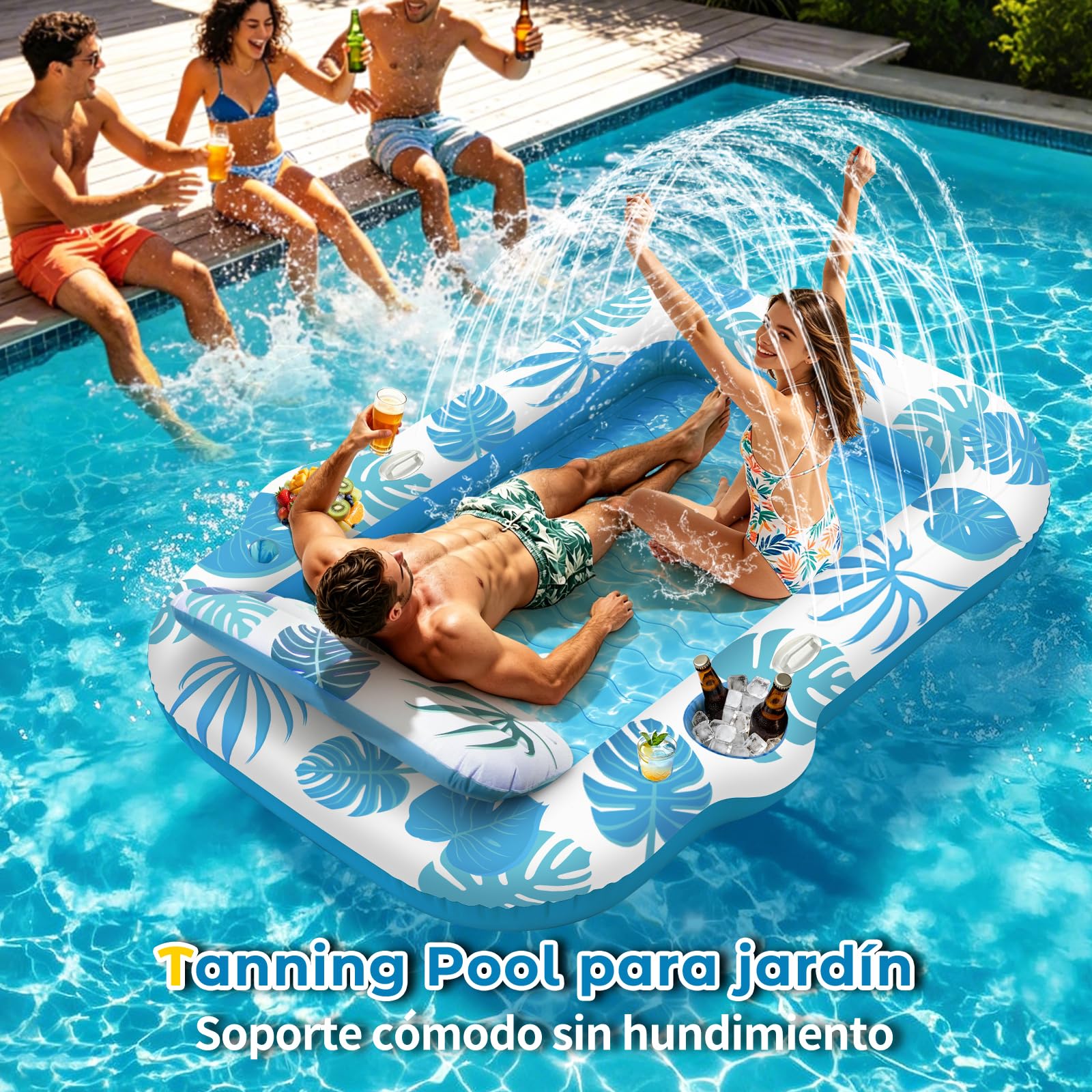 JONRRYIN Colchoneta Piscina Adultos 2 Personas, Tanning Pool 225×190 cm, Colchoneta Hinchable con Función de Rociado y 2 Portavasos, Hamaca Hinchable Flotador para Playa y Agua