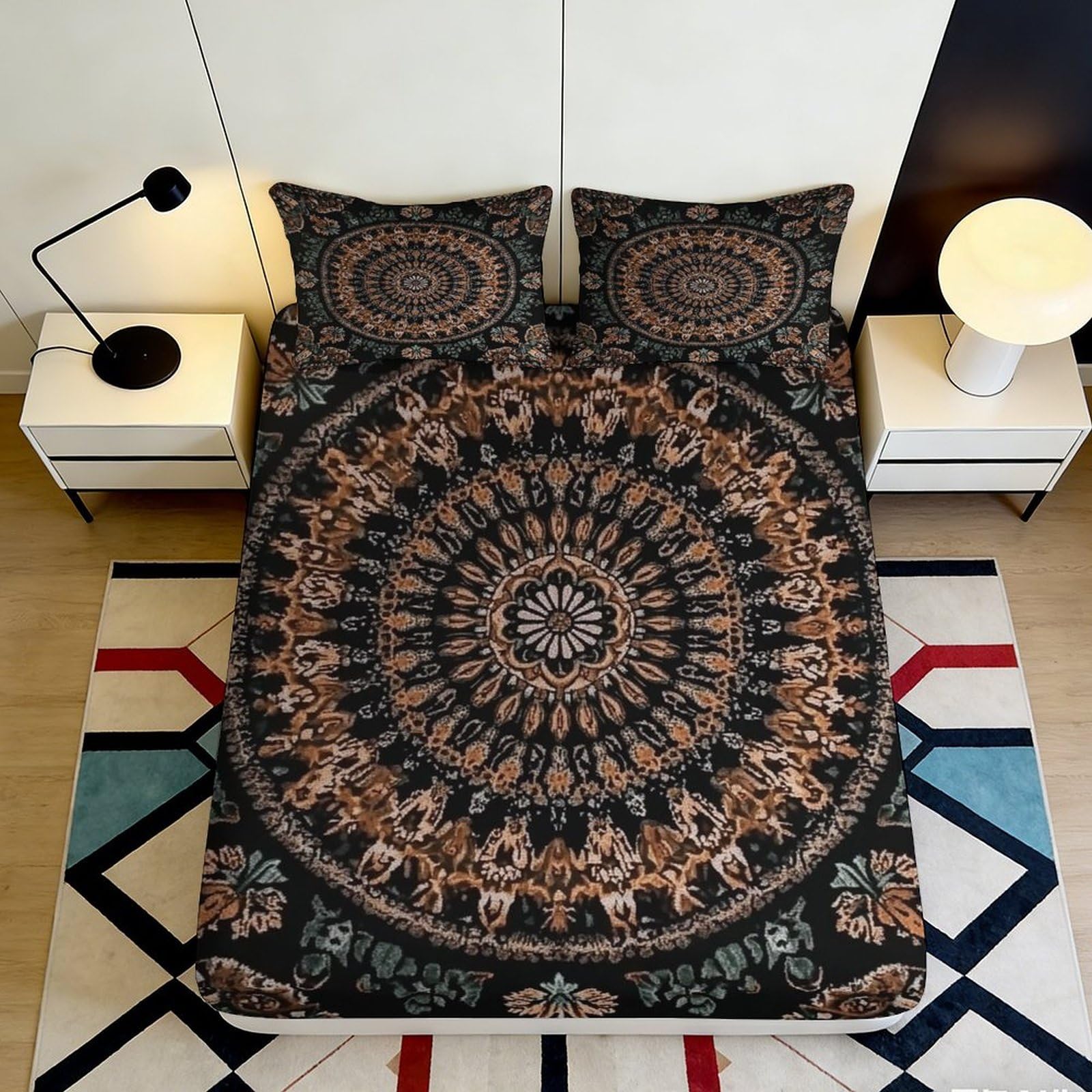 3D Printed Mandala Pattern Fitted Sheet Microfiber Soft Breathable Ethnic Floral Bed Cover for Bedroom Dorm Decor 90x200x25cm