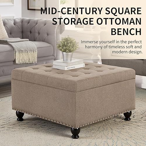 Miniatura 3 de Sudwesto Mid-Century - Banco otomano cuadrado de almacenamiento, banco copetudo con botones con ribete de cabeza de clavos, mesa de centro tapizada