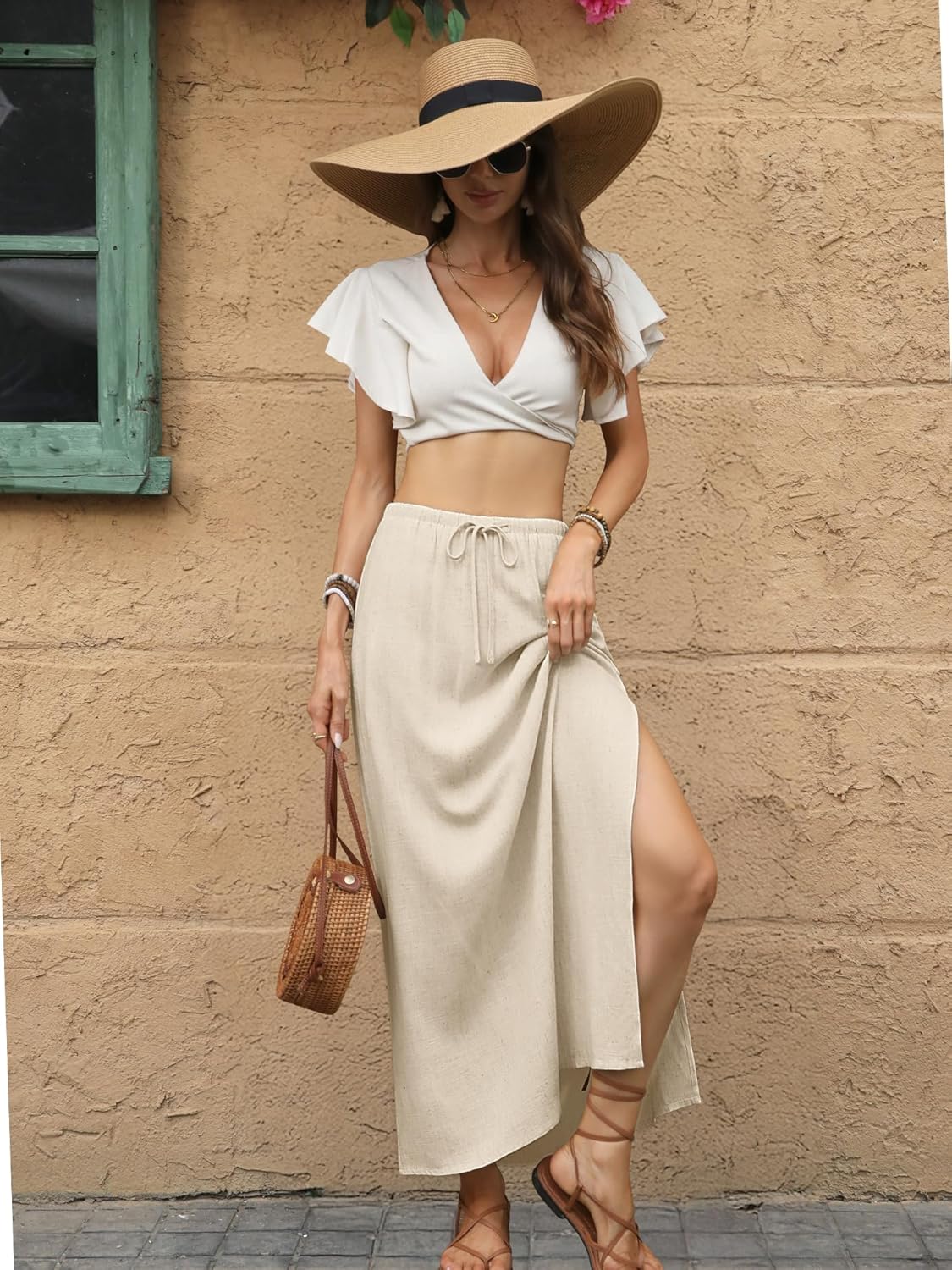 ELLEVEN Linen Straight Maxi Skirt with Side Slit - Elastic Waist Drawstring Long Flowy Ankle-Length Skirt with Pockets - Image 4