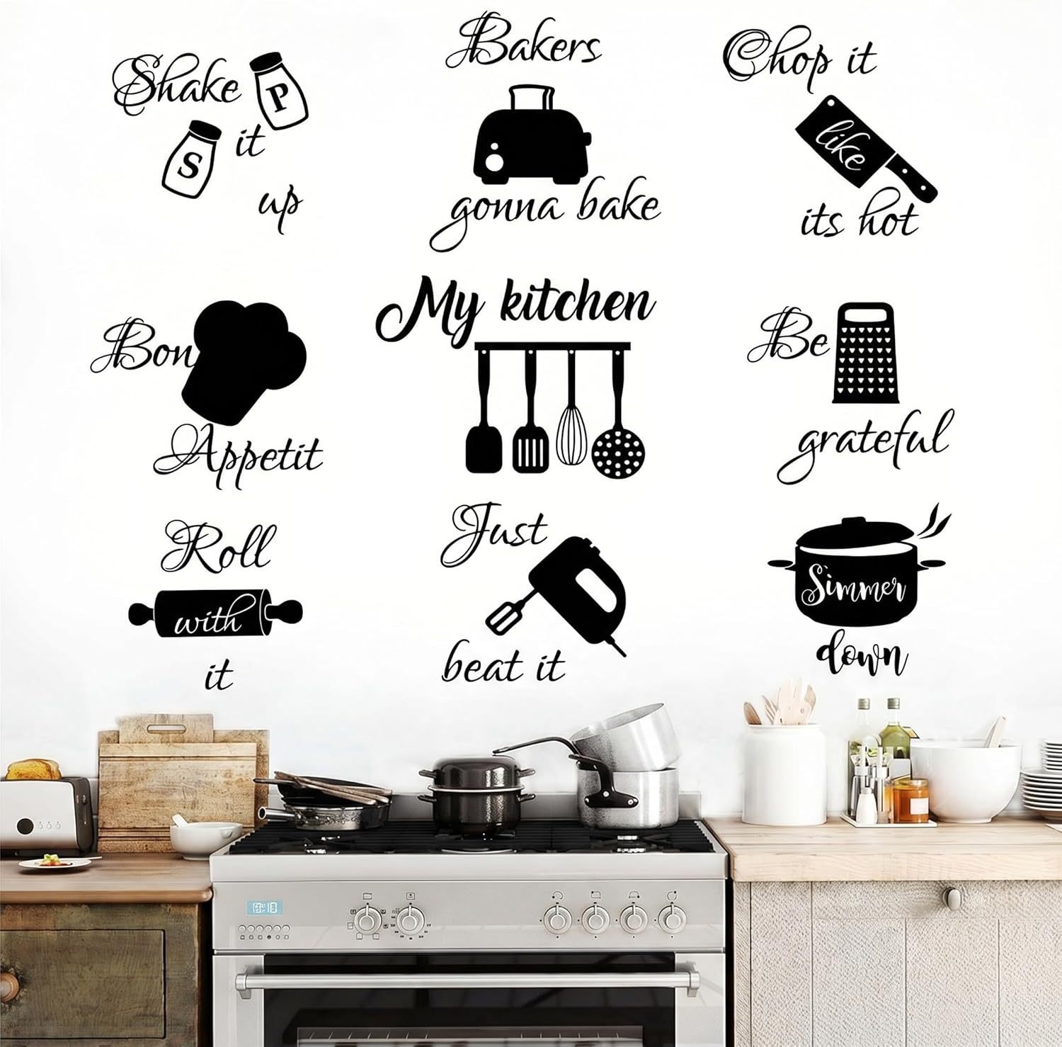 Seajan 4 Pcs Kitchen Wall Stickers Kitchen Quotes Wall Decals with Funny Lettering Vinyl Fun Utensils Sticker Peel and Stick Arts for Fridge Restaurant Bar Home Decoration