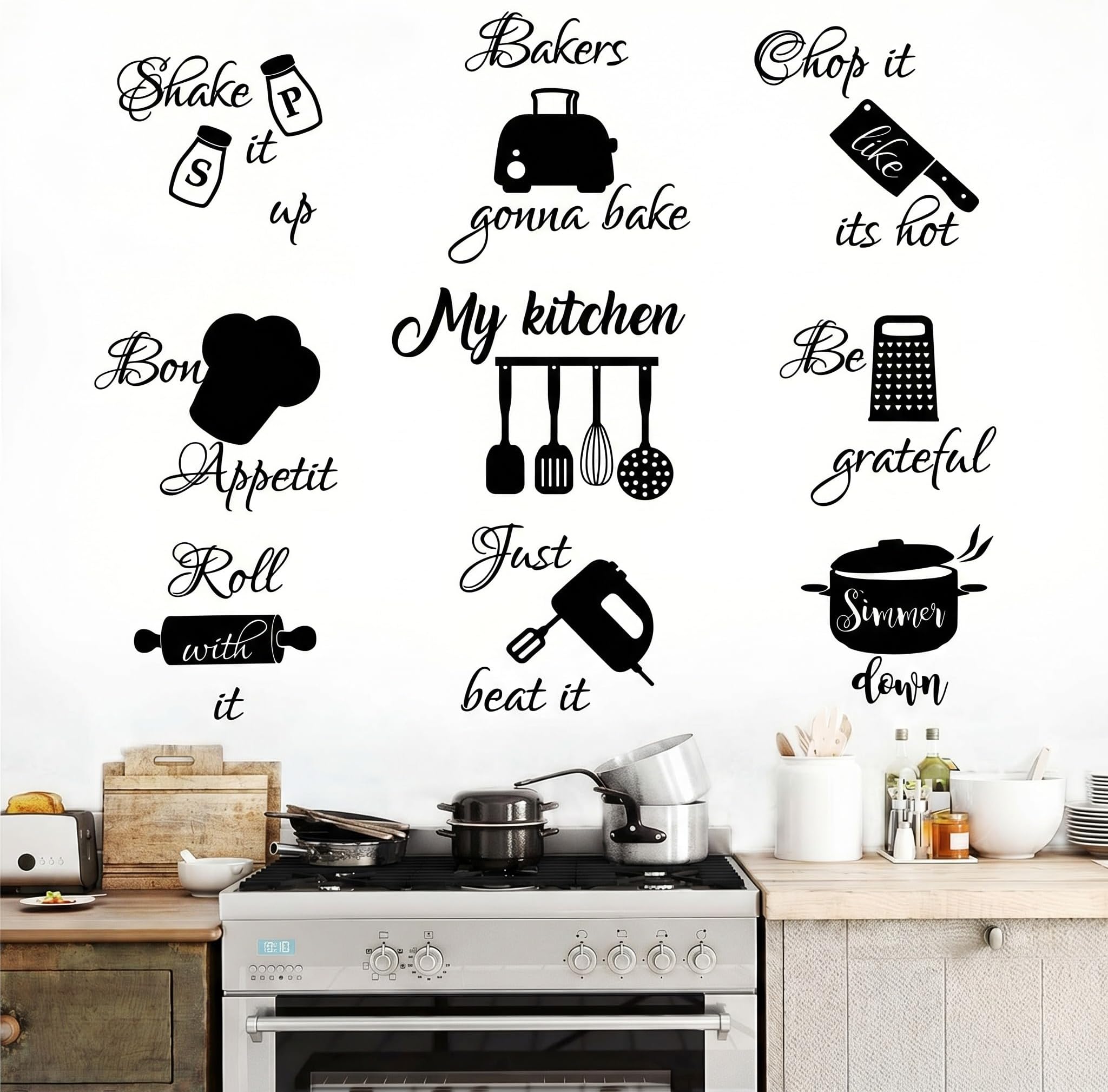 Seajan 3 Pcs Kitchen Wall Stickers Kitchen Quotes Wall Decals with Funny Lettering Vinyl Fun Utensils Sticker Peel and Stick Arts for Fridge Restaurant Bar Home Decoration