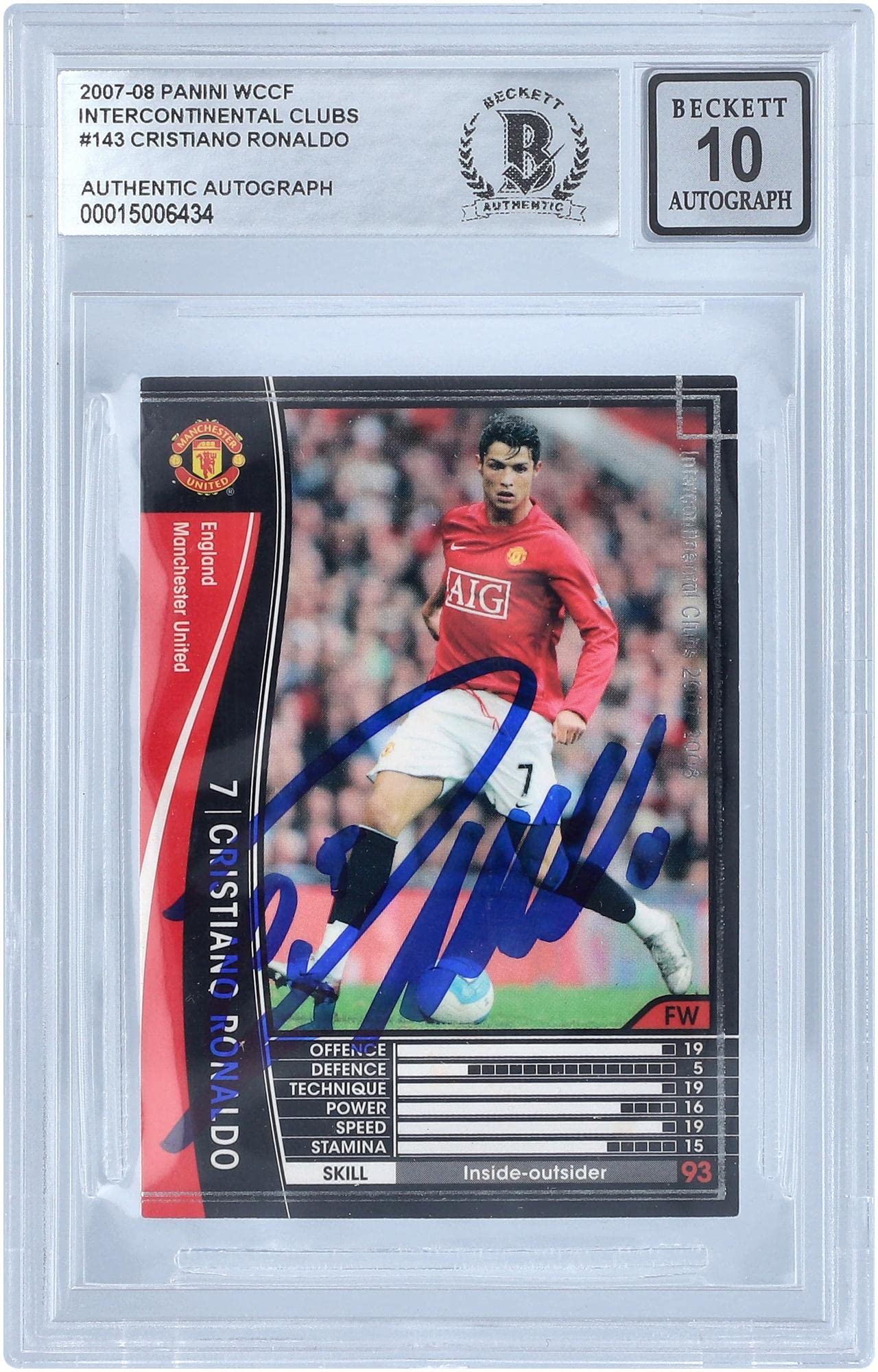 Cristiano Ronaldo Manchester United Autographed 2007-08 Panini WCCF International Clubs #143/336 BAS Authenticated 10 Card - Autographed Soccer Cards