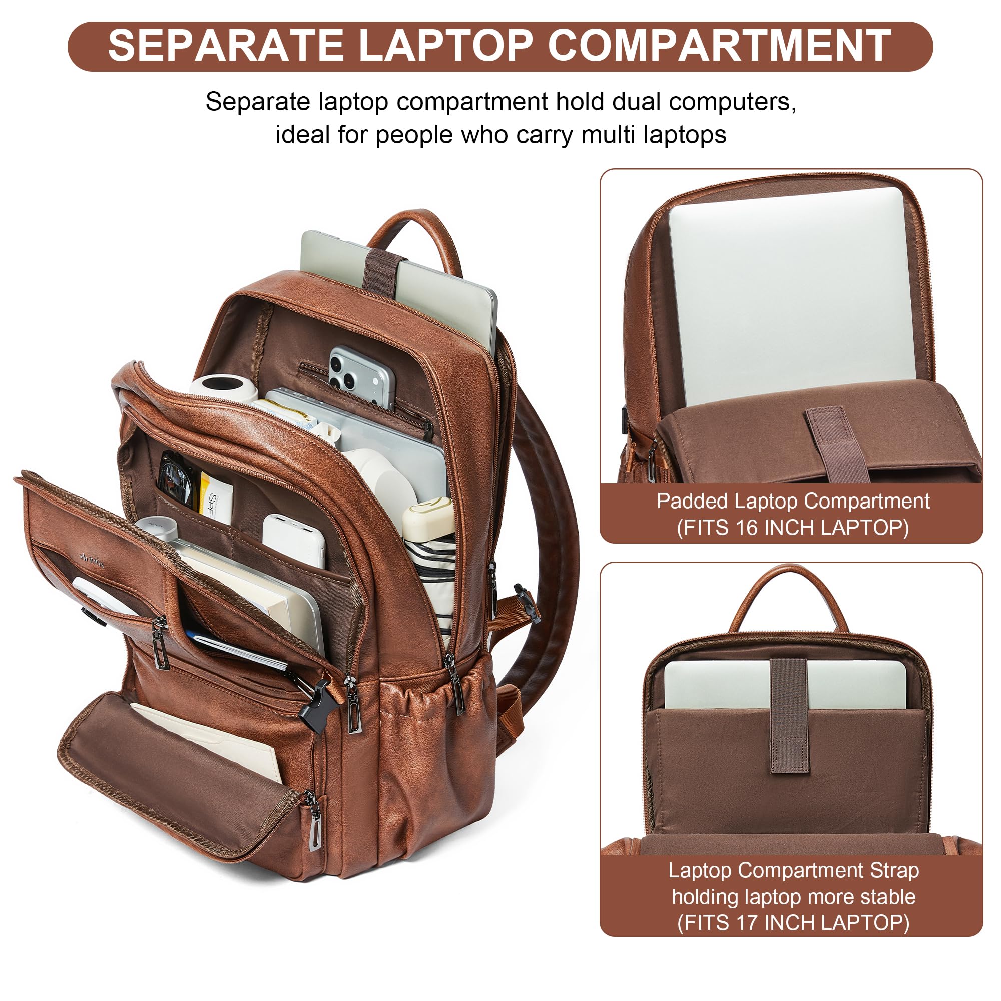 Shrrie Skórzany plecak do pracy na laptopa, torba na komputer, torba na podróż służbową, College Office Fit 17 cali, skórzany plecak, torba 35 l, pojemny, wodoszczelny plecak, brązowy