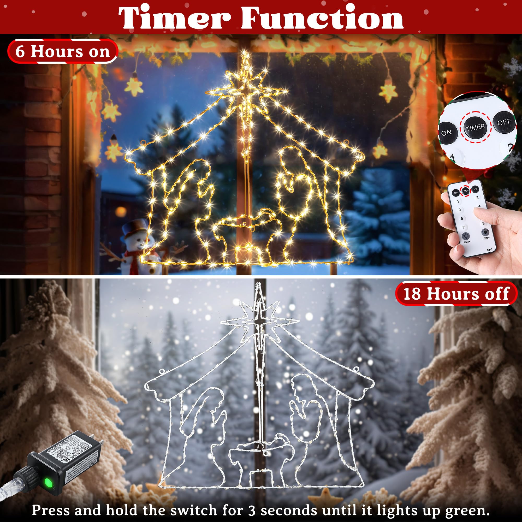 Luces de Navidad para ventana de 31 pulgadas, gran escena iluminada con 260 LED, estrella de Belén, luces de ventana de Navidad, enchufe para decoración de día festivo, al aire última