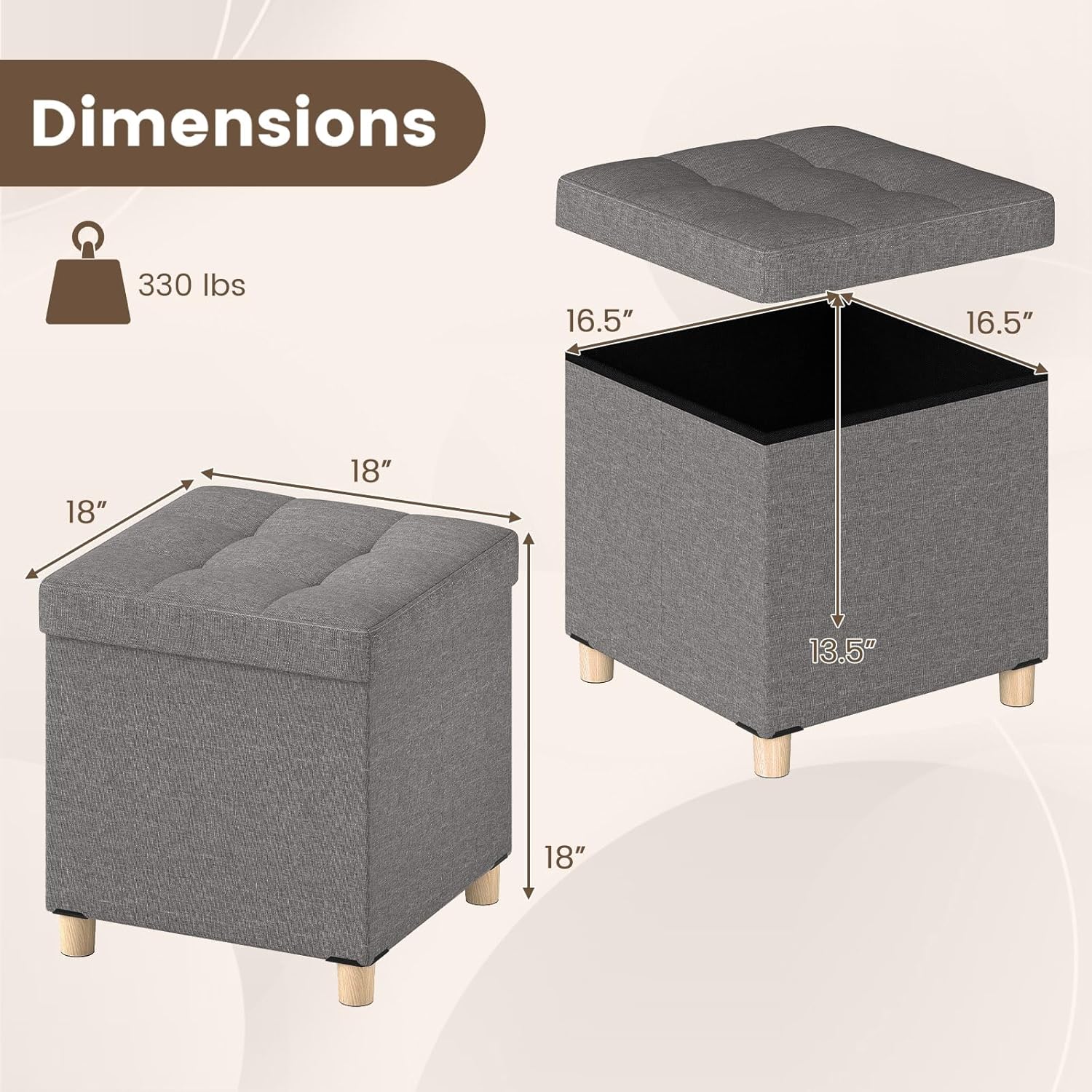 Giantex Small Storage Ottoman Cube with Tray Lid, Folding Linen Fabric Foot Stool with Elevated Wooden Legs, Multi-Functional Ottoman Foot Rest for Living Room, Bedroom, Entryway, 18 x 18 x 18 Inches