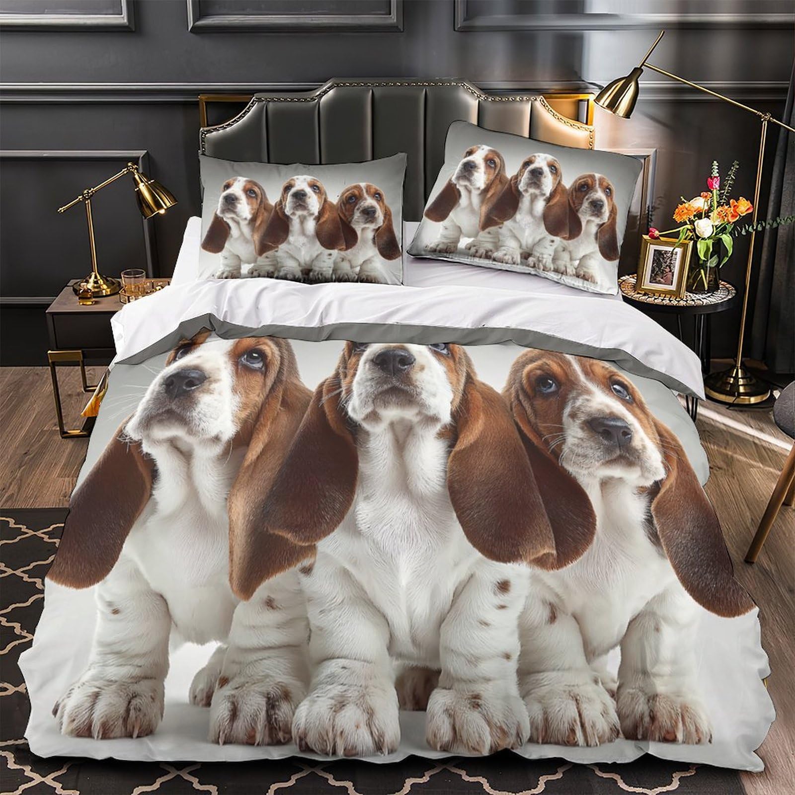Housse de couette Basset Hound 140x200 parure de lit garçon microfine ado fermeture éclair