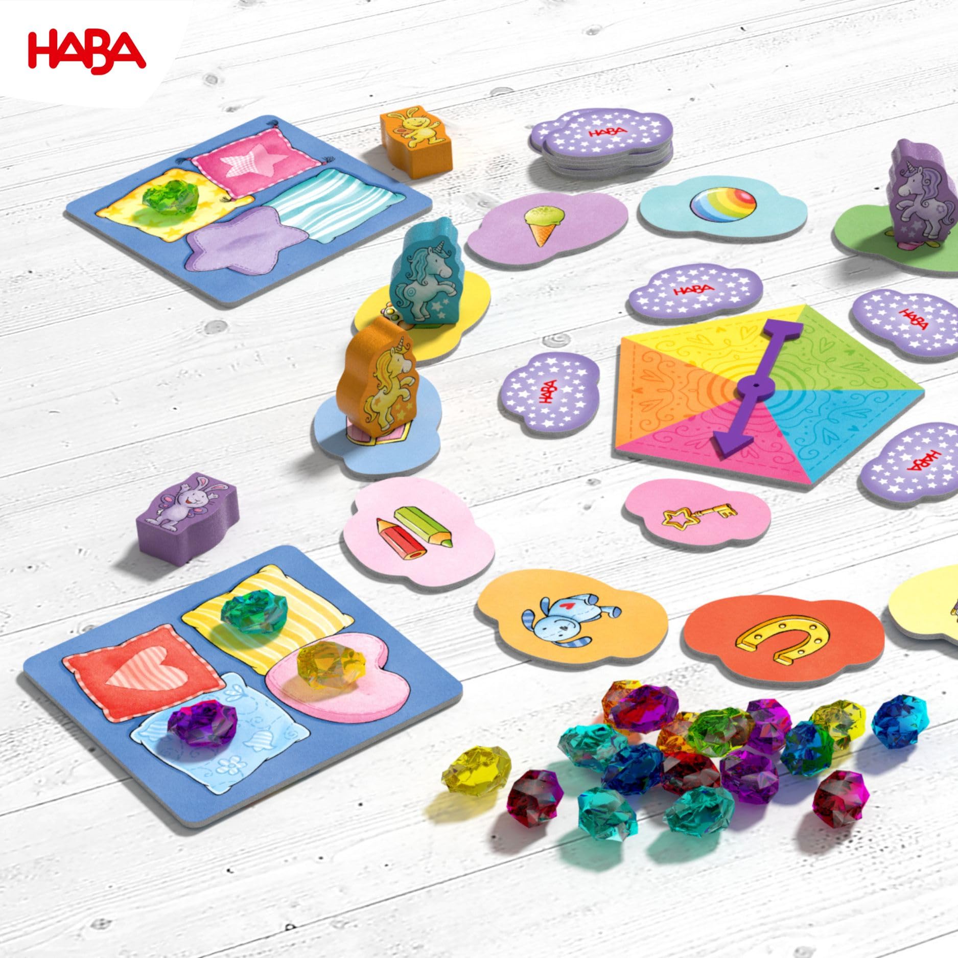 HABA Einhorn Glitzerglück Spielesammlung - 9 abwechslungsreiche Würfel, Brettspiele und Kartenspiele - mit einfachen Regeln - Made in Germany - für Kinder ab 3 Jahren - 2010879002