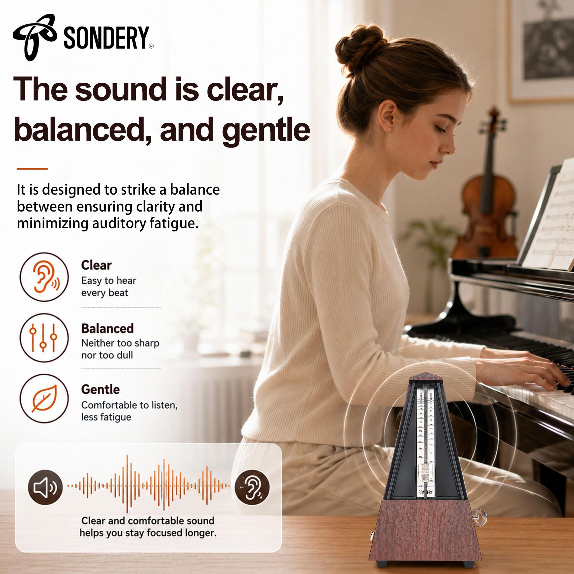 Sondery Metrónomo mecánico clásico con campana para piano, guitarra, tambor, violín, saxofón, todos los instrumentos, rango de tempo 40-208 bpm, Beats 02346, caja ABS de grano de madera negra con