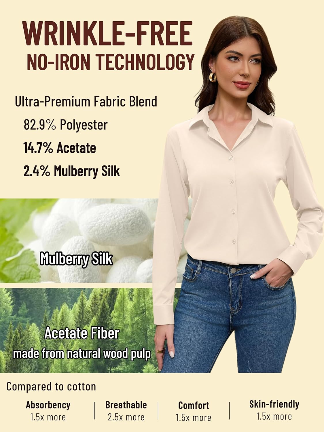 COUXILY Non-Iron & Wrinkle-Free Womens Button Down Shirts with Mulberry Silk Long Sleeve Blouse Casual Work Tops - Image 3