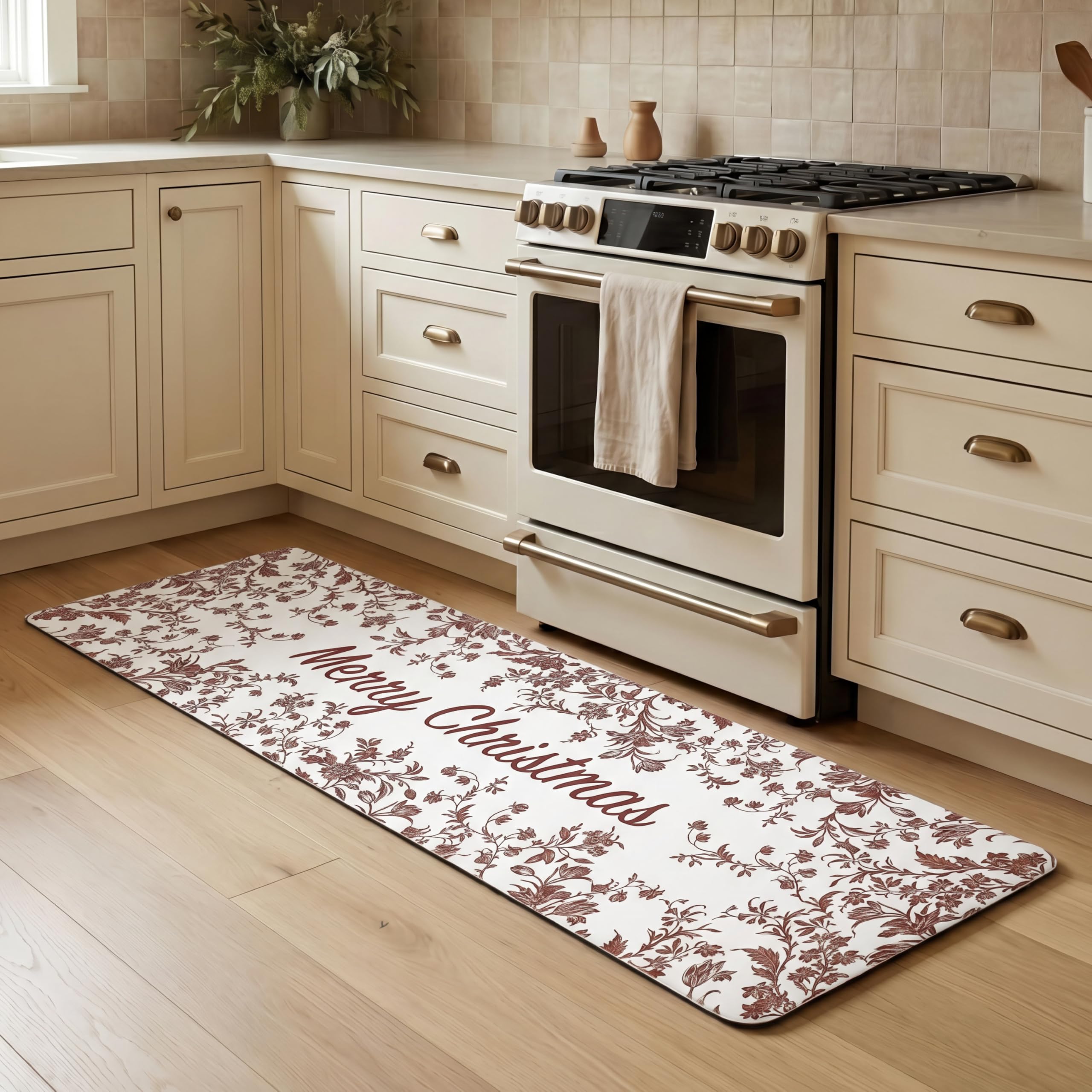 Laura Ashley Amberley Merry Christmas Anti Fatigue Kitchen Mat, Non Slip Cushioned Comfort Floor Mat, 17.5"x60", Red