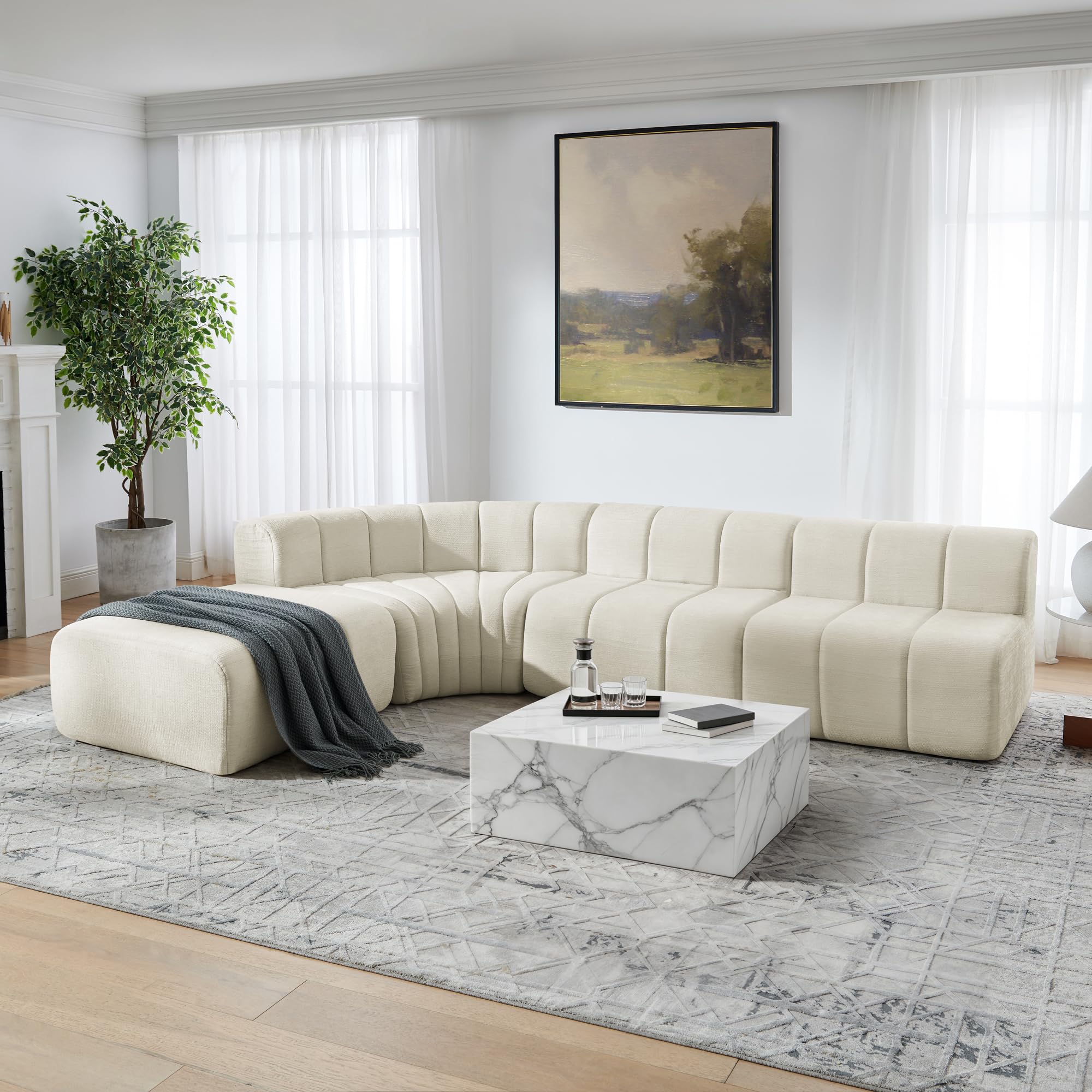 Sofá esquinero de compresión de 4 plazas con módulos combinables. Los módulos sin respaldo se pueden utilizar como mesa de almacenamiento temporal, reposapiés o asiento individual, color beige