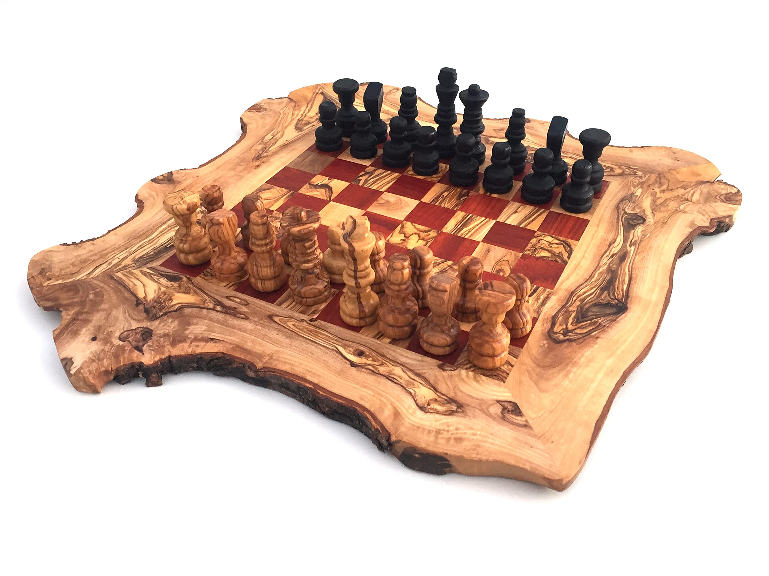 Schachspiel rustikal Schachbrett Gr. L inkl. 32er Schachfiguren handgefertigt aus Olivenholz Schach Geschenk Hochwertig