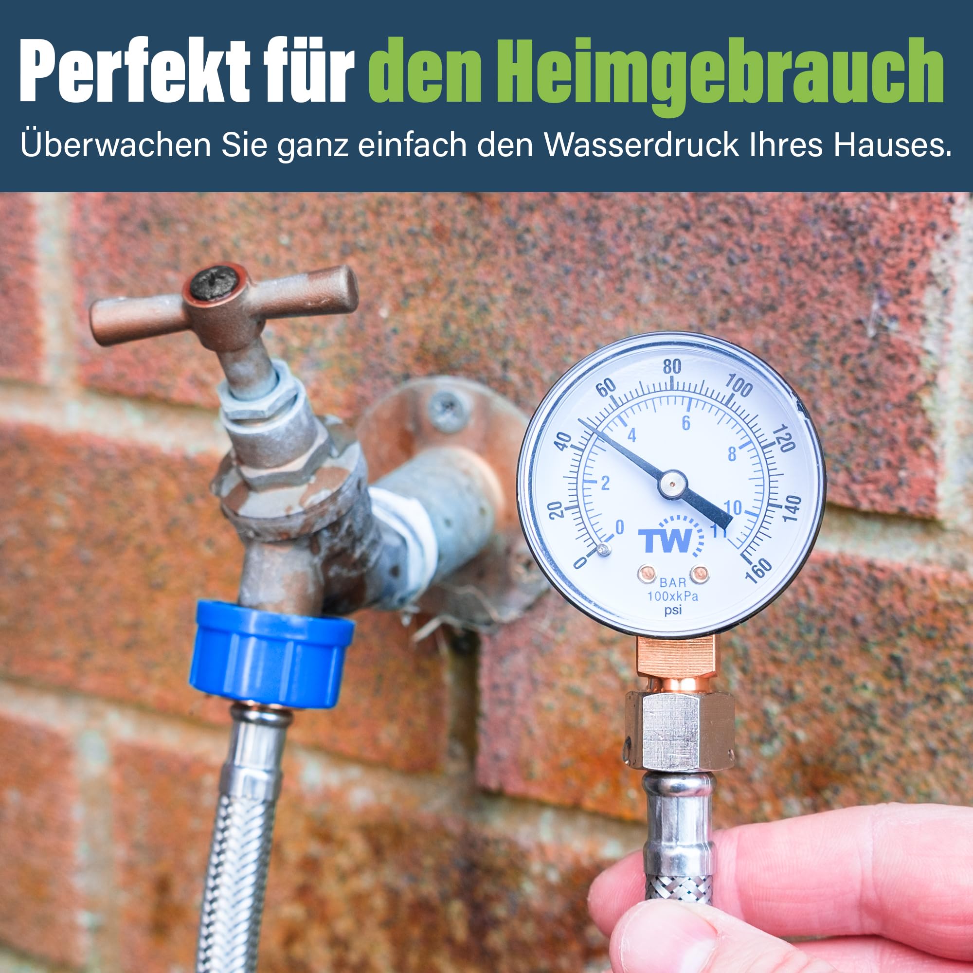 Netzwasser-Manometer - 0-11 Bar / 0-160 PSI - Netzwasserversorgungsdruckmessgerät mit Schlauchhahnanschluss - Sanitärwerkzeug für Haus, Garten & Bewässerungssystem Überwachung