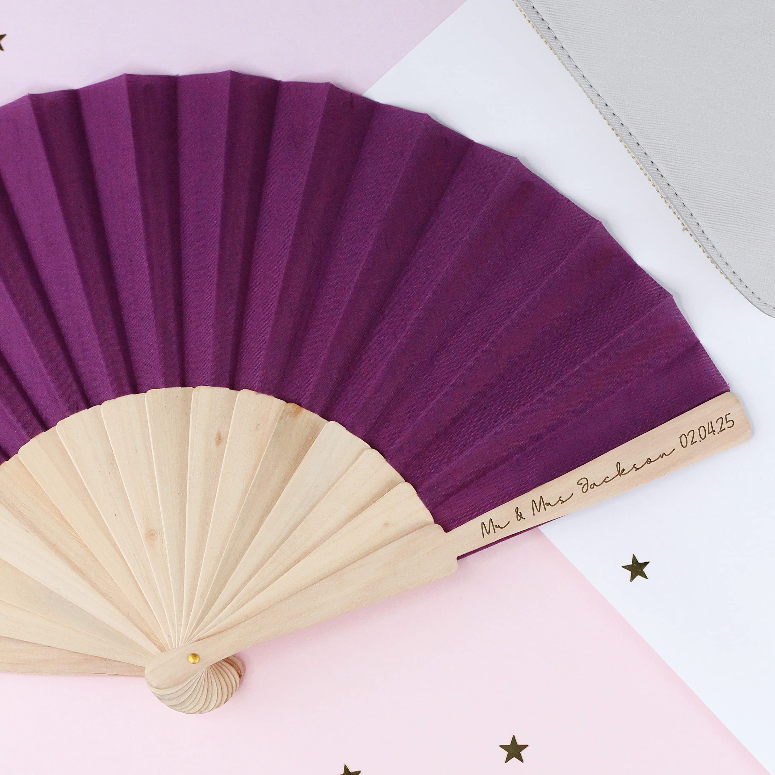 eBuyGB Personalised Wooden Hand Fan with Custom Text, Purple Folding Handheld Fan, Hen Do Abroad, Bridal Party Favours, Girls Weekend, Pool Party, Destination Wedding Favours (Pack of 20)