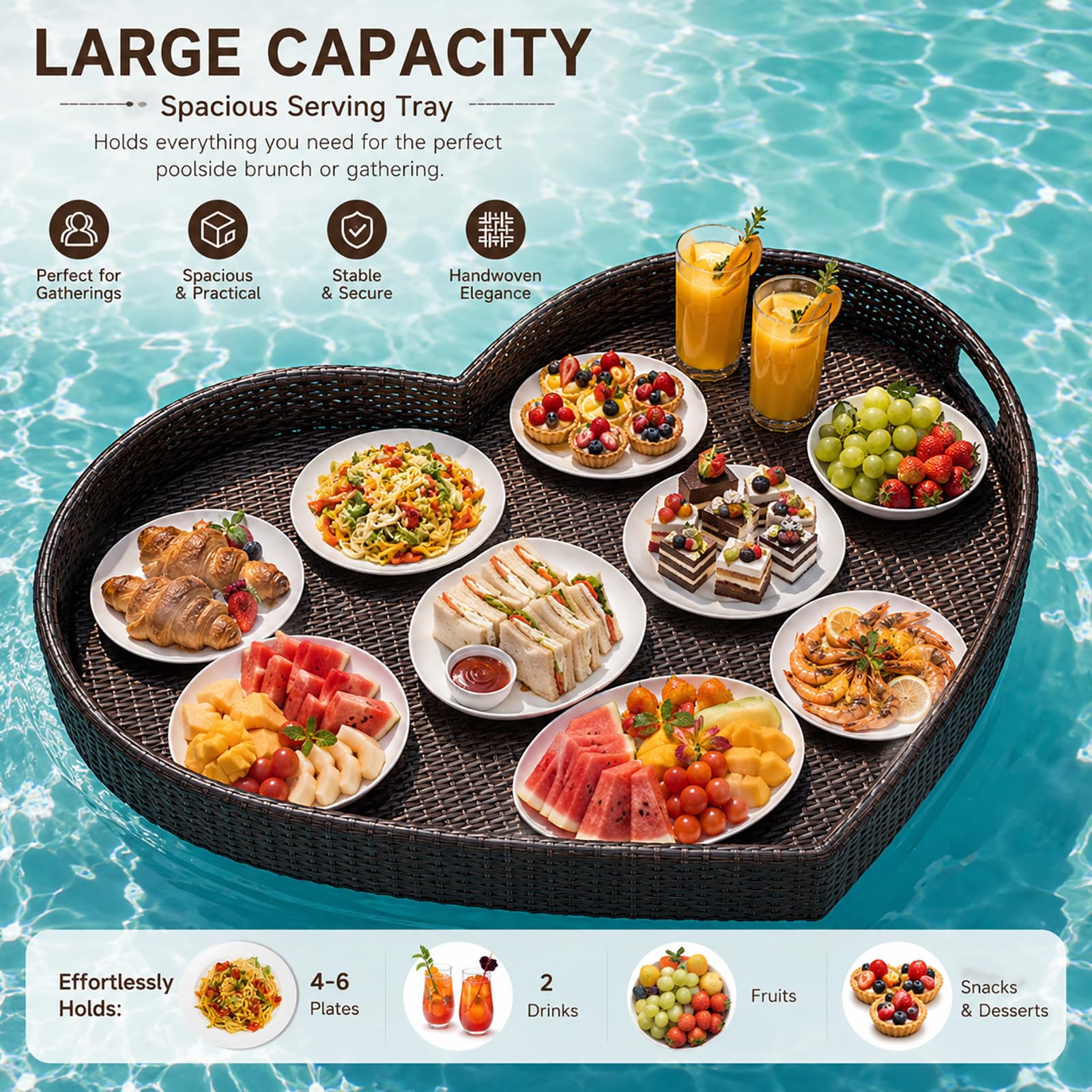 Schwimmendes Pooltablett aus Rattan, Große Floating Pool Bar für Getränke Snacks und Brunch, Pool Tablett für Whirlpool Spa Gartenparty und Sommer Entspannung