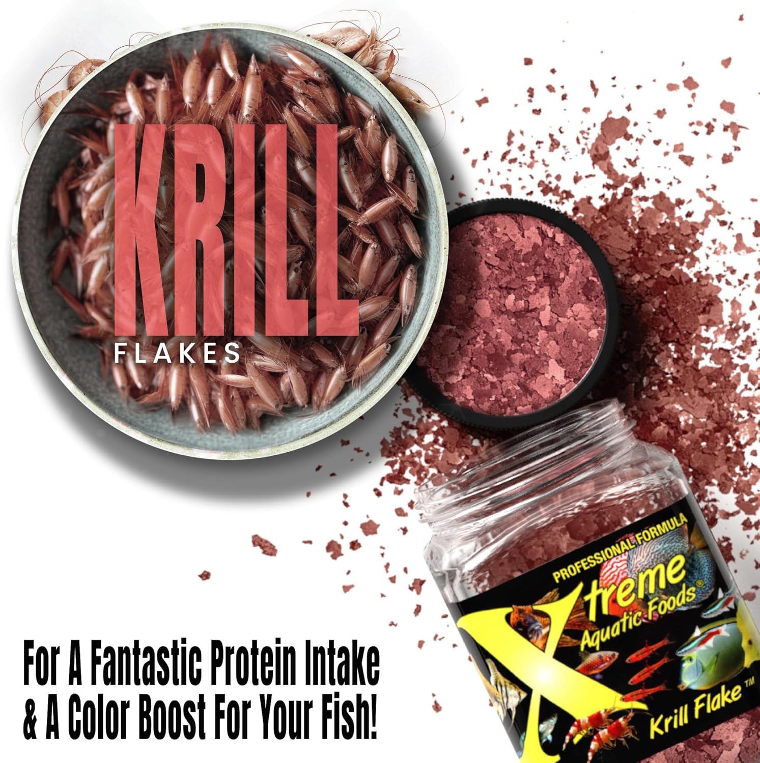 Xtreme Krill Flakes - Premium Max Protein Freshwater Fish Food with 100% Krill and Shrimp, & Vitamins for Optimal Immune and Digestive Health, Boosts Color & Energy – USA Farm Grown (8oz)