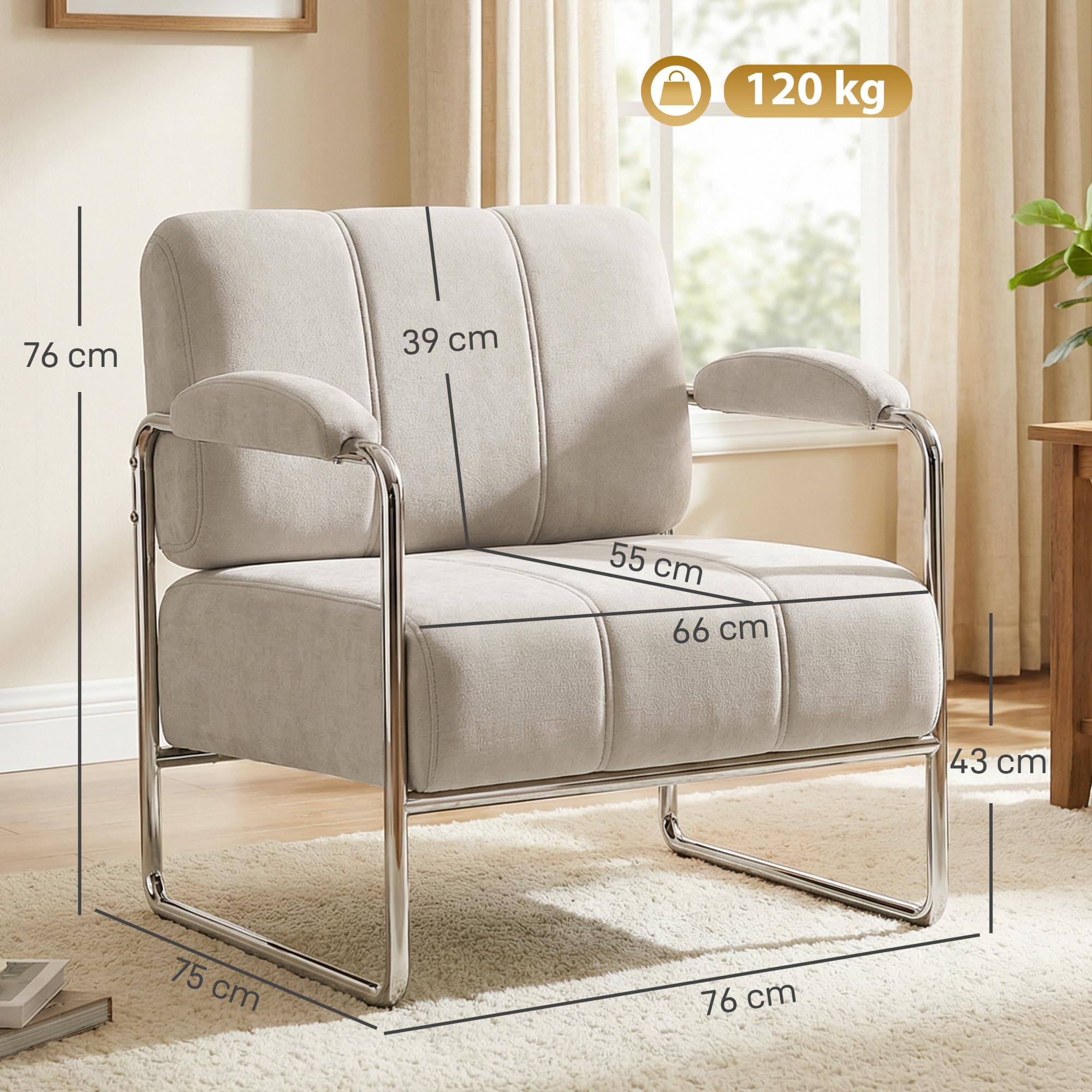 HOMCOM Fotel wypoczynkowy z podłokietnikami, szerokim siedziskiem i grubą warstwą pianki, elegancki fotel z tkaniną chenille, elektroplaterowane stalowe nogi, do salonu lub sypialni, beżowy