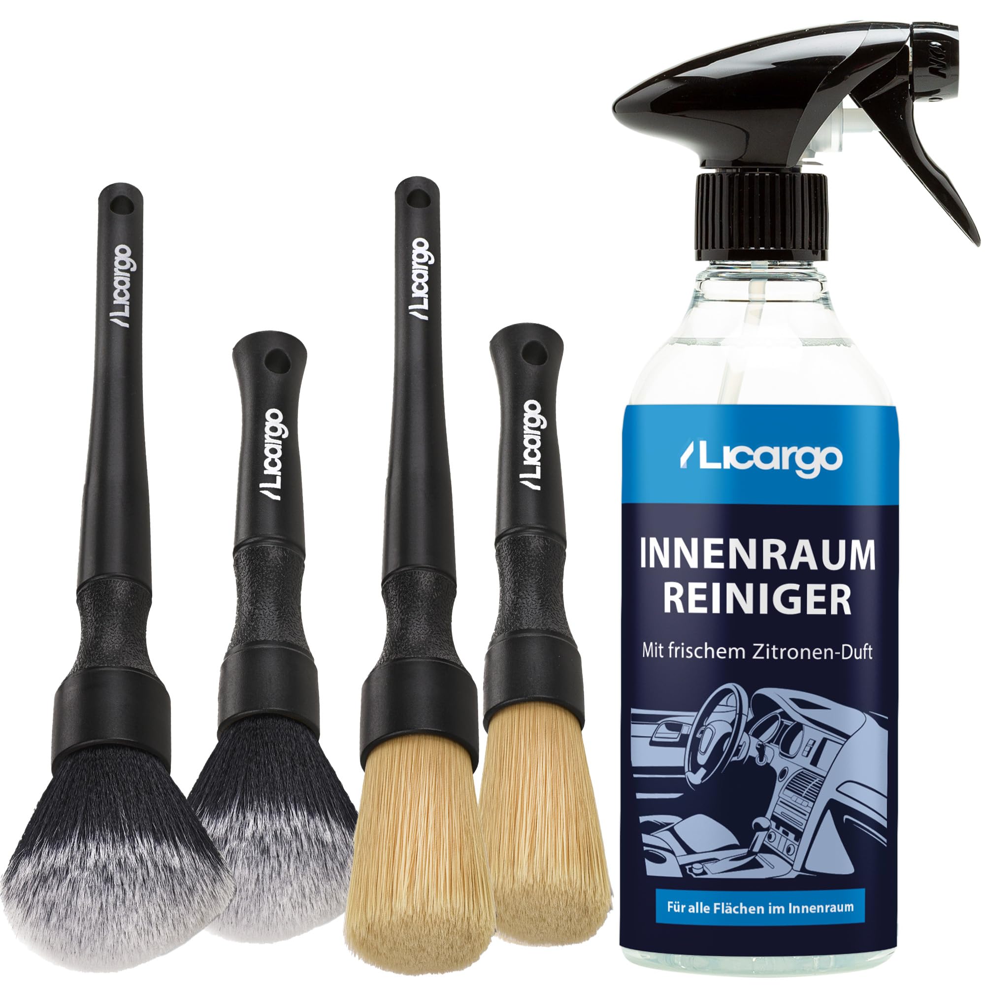 LICARGO Innenraum Reinigungs Set - 2X Detailing Pinsel Weich & 2X Detailing Pinsel Hart & 1x Innenraumreiniger (500ml) - porentiefe & effektive Auto Reinigung