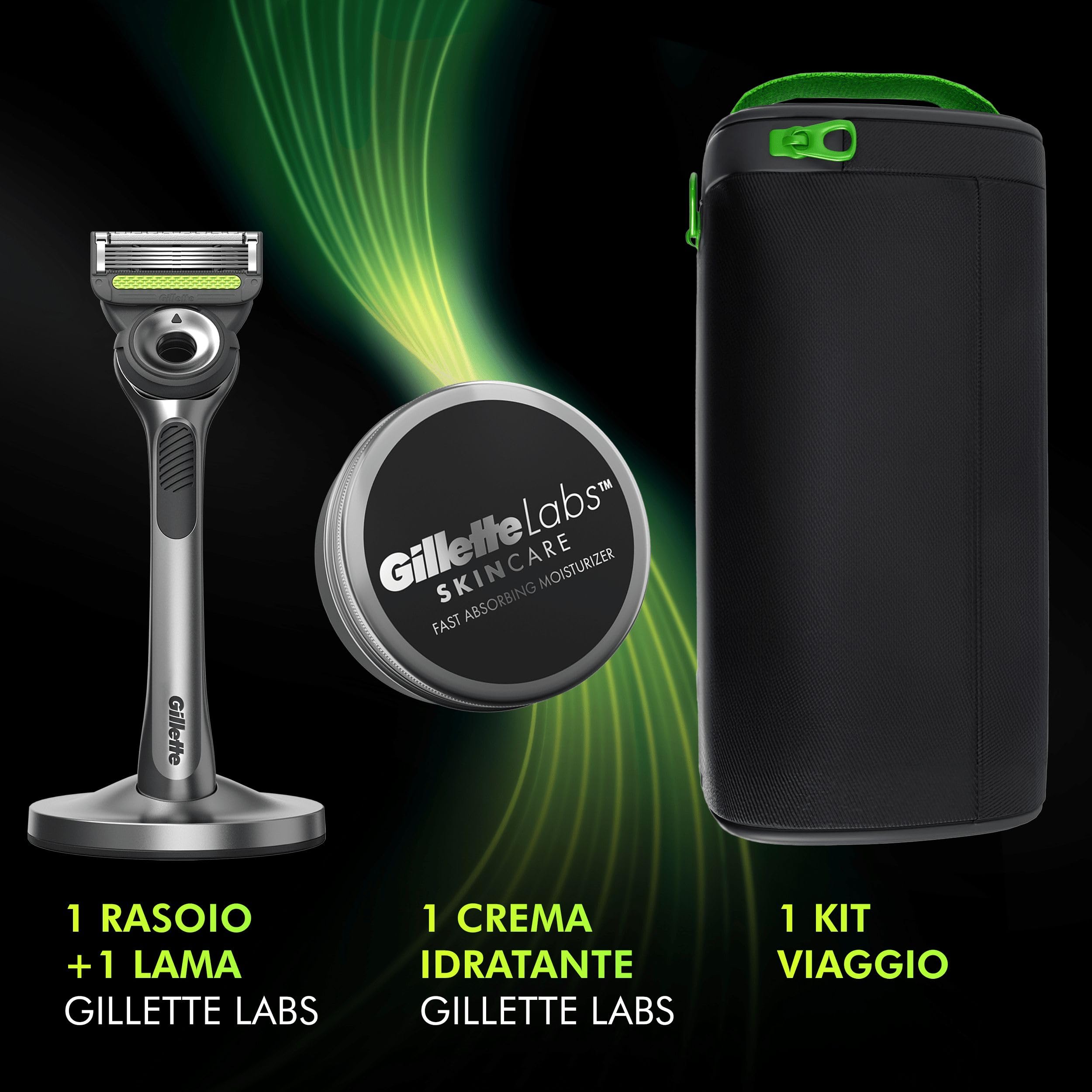 Gillette Labs męska maszynka do golenia z wbudowanym drążkiem, 1 uchwyt + 1 zapasowa żyłka + 1 podstawa magnetyczna + 1 krem nawilżający