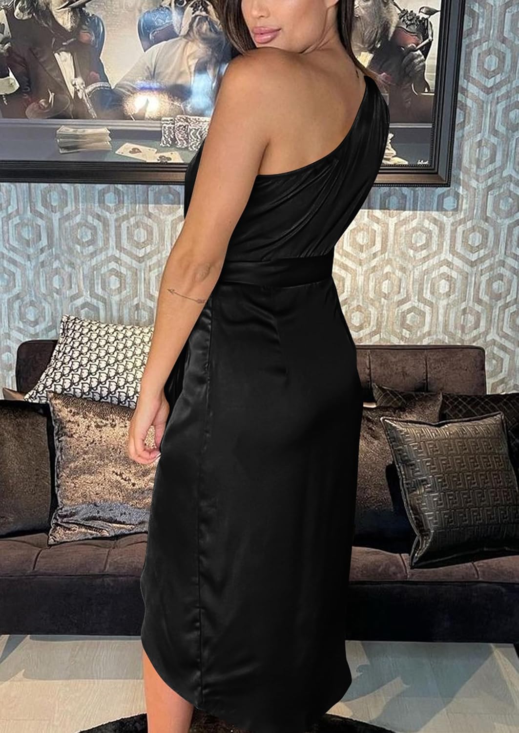 PRETTYGARDEN Women's Summer One Shoulder Ruched Satin Dress Sleeveless Wrap Spring Wedding Guest Cocktail Midi Dress - Image 2