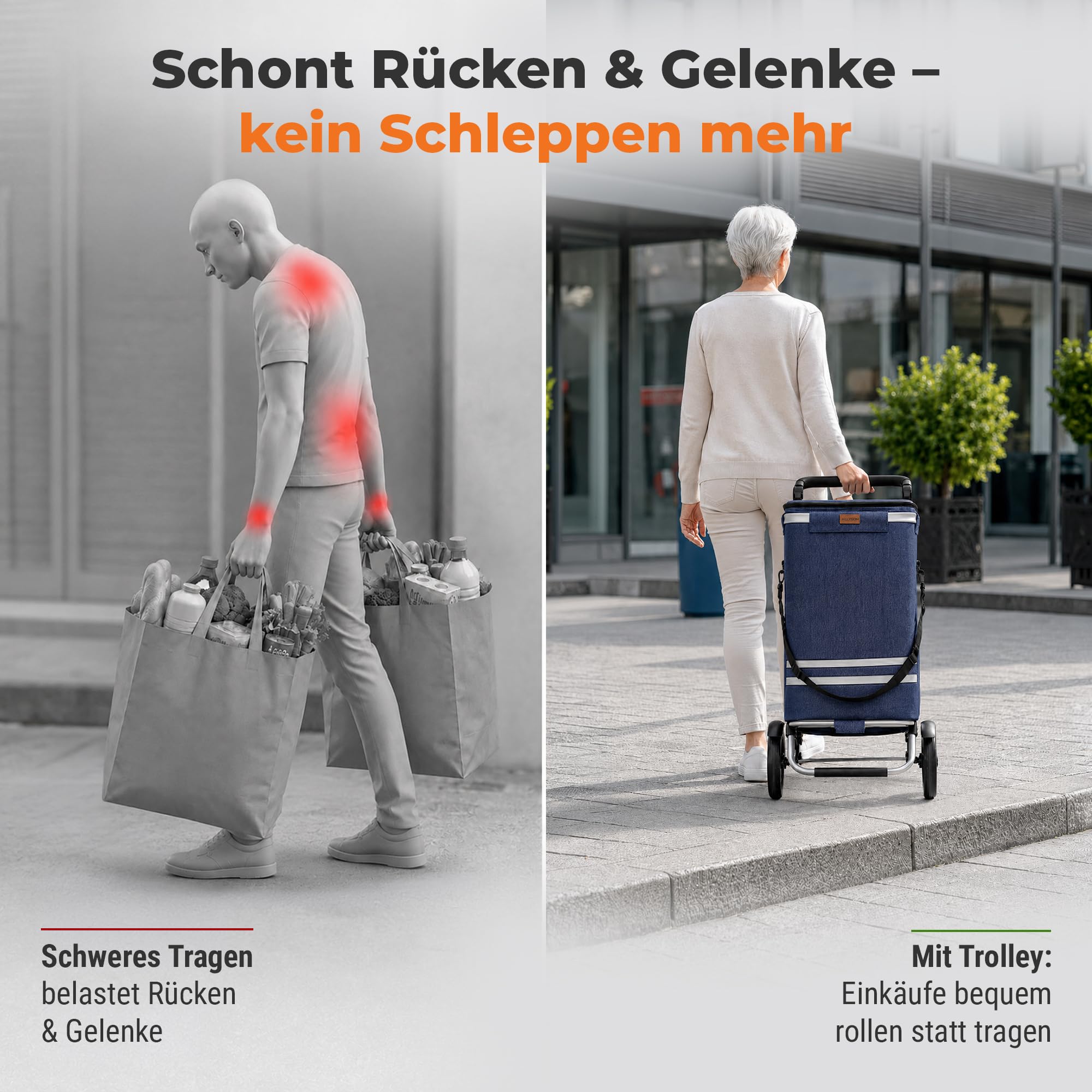 Allyson Einkaufstrolley klappbar mit 56L Kapazität ，3in1 Trolley Sackkarre & Umhängetasche，Einkaufstrolley mit Reflektoren | inkl. Kühlfach & Einkaufswagenchip (Denim)