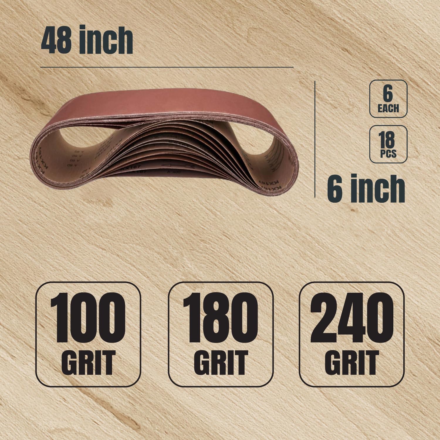 POWERTEC 6 x 48 Inch Sanding Belts, 6 Each of 100/180/240 Grits, 18PK, Aluminum Oxide Sanding Belt Assortment for Bench Belt Sander, Woodworking & Paint Removal, Metal Polishing (11022-1-P2)