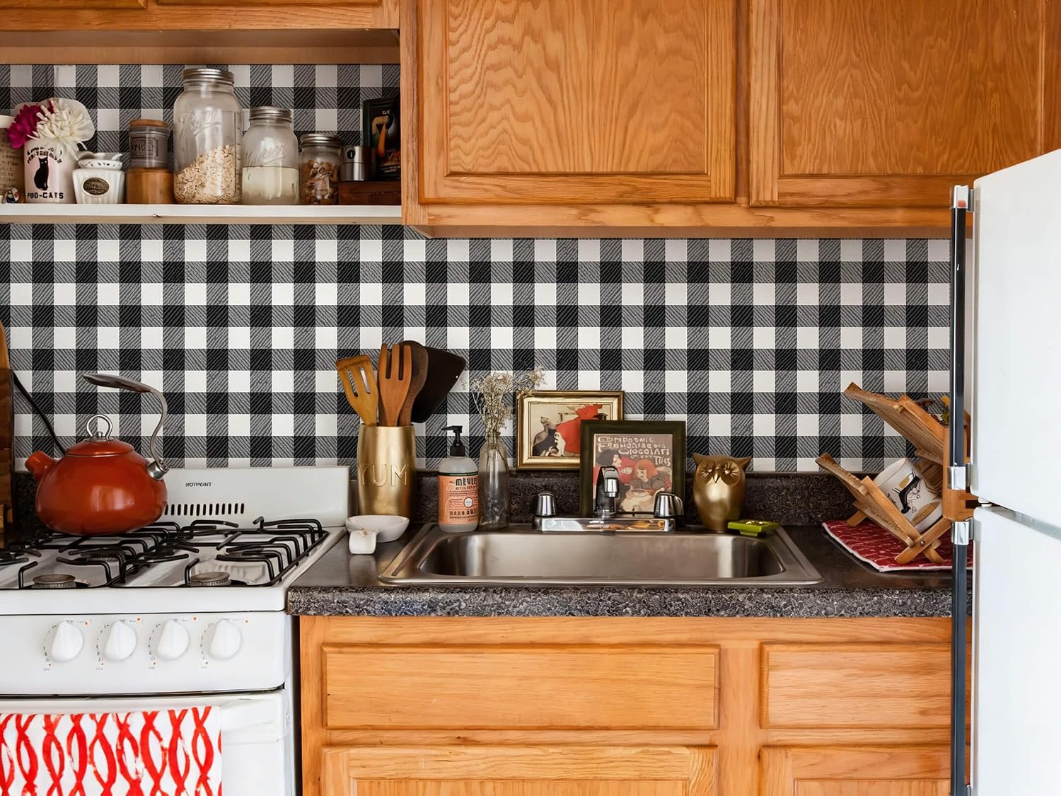 Checkered Wallpaper Black and White Wallpaper 393" × 17.3" Peel and Stick Modern Plaid Wall Paper for Cabinets Vinyl Renter Friendly Waterproof Self-Adhesive Bathroom Kitchen Bedroom