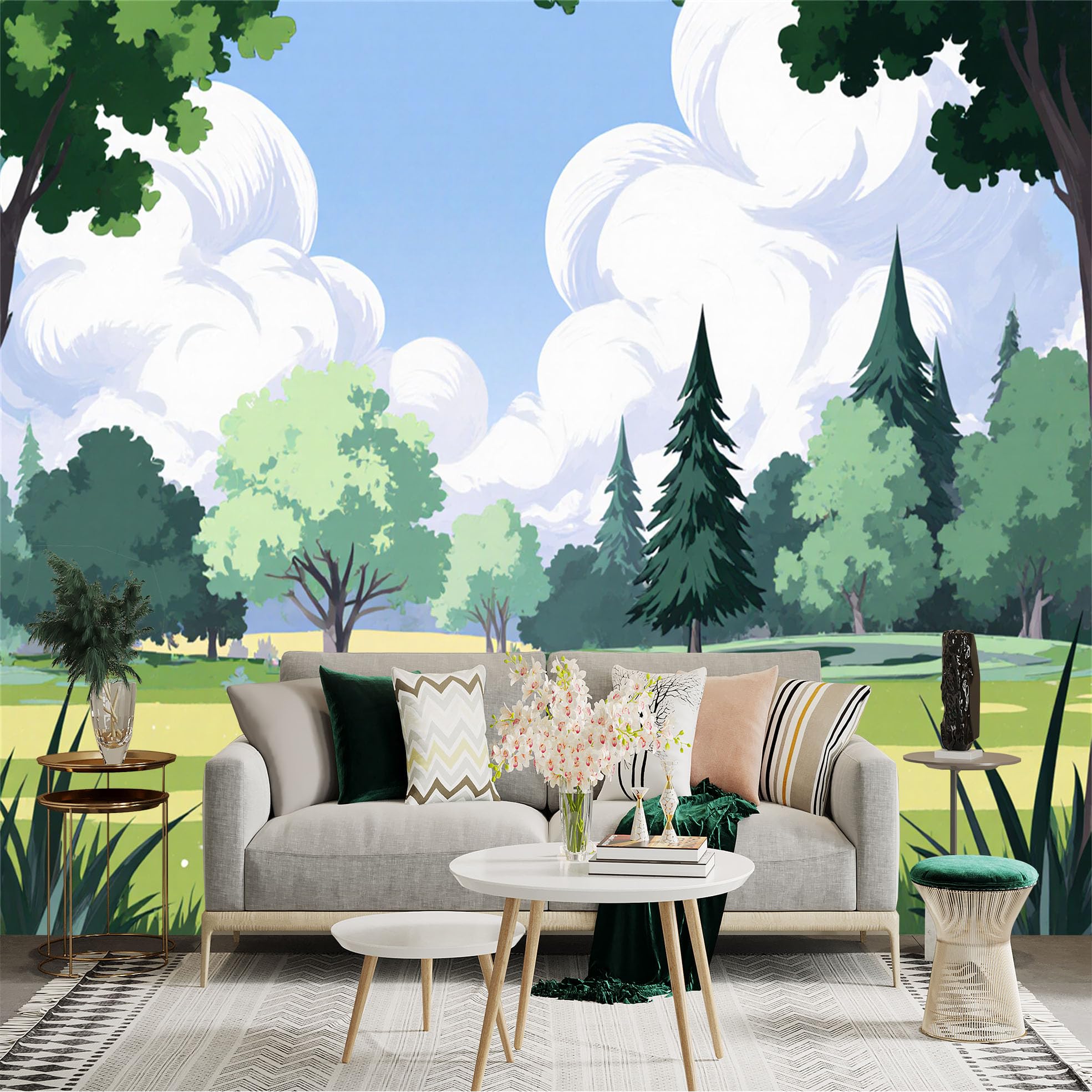 Custom Size Wall Sticker Mural， Natural Forest Landscape， Lush Green Meadow， Cloudy Blue Sky， Serene Summer Scenery， for wall Decoration， peelandstick wall Decals.