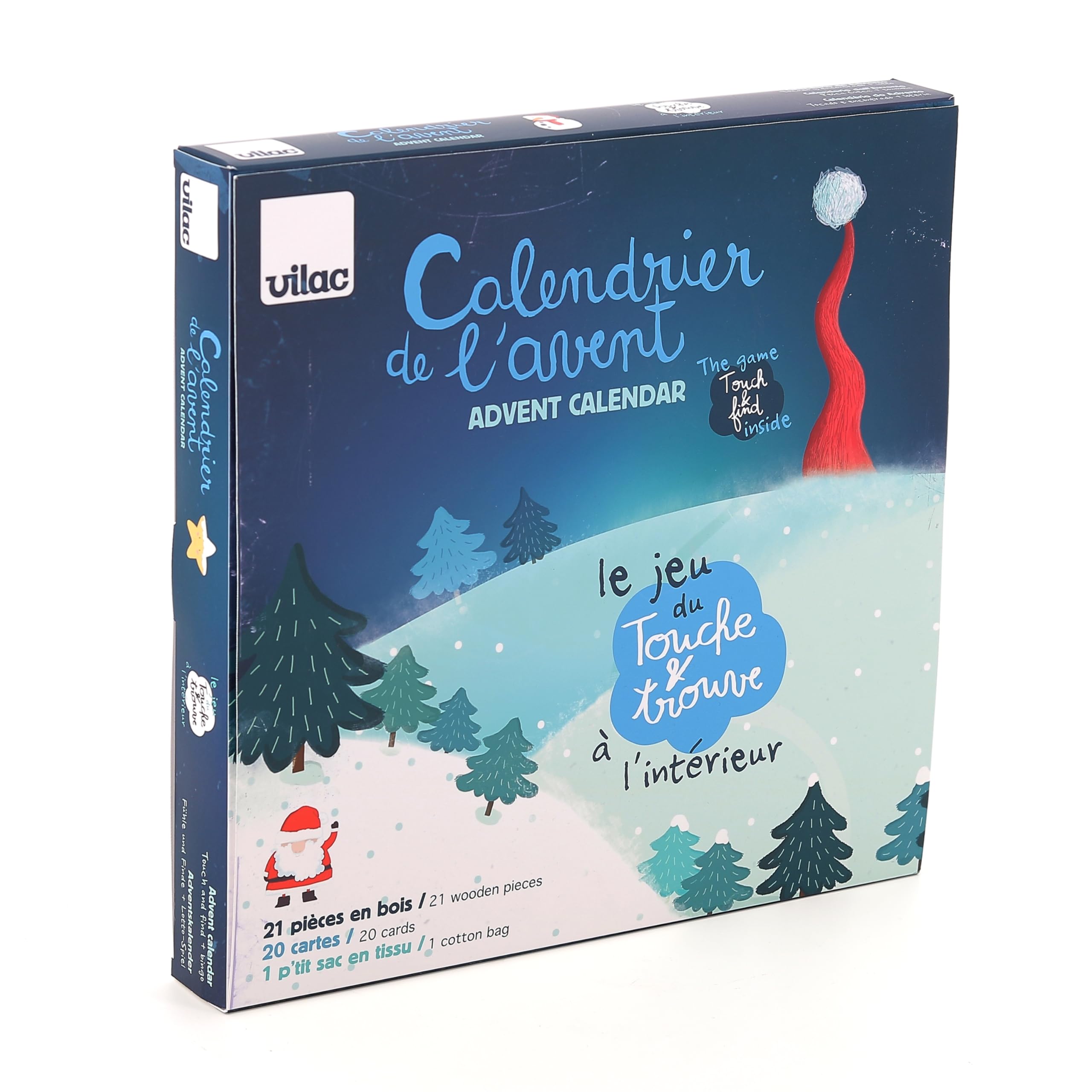 VILAC - Calendario dell'Avvento Tocco e Trova - Giocattolo prima età - 1 scatola calendario dell'Avvento in legno e cartone - Giochi di veglia per bambini in legno - Giocattolo per bambini dai 2 anni