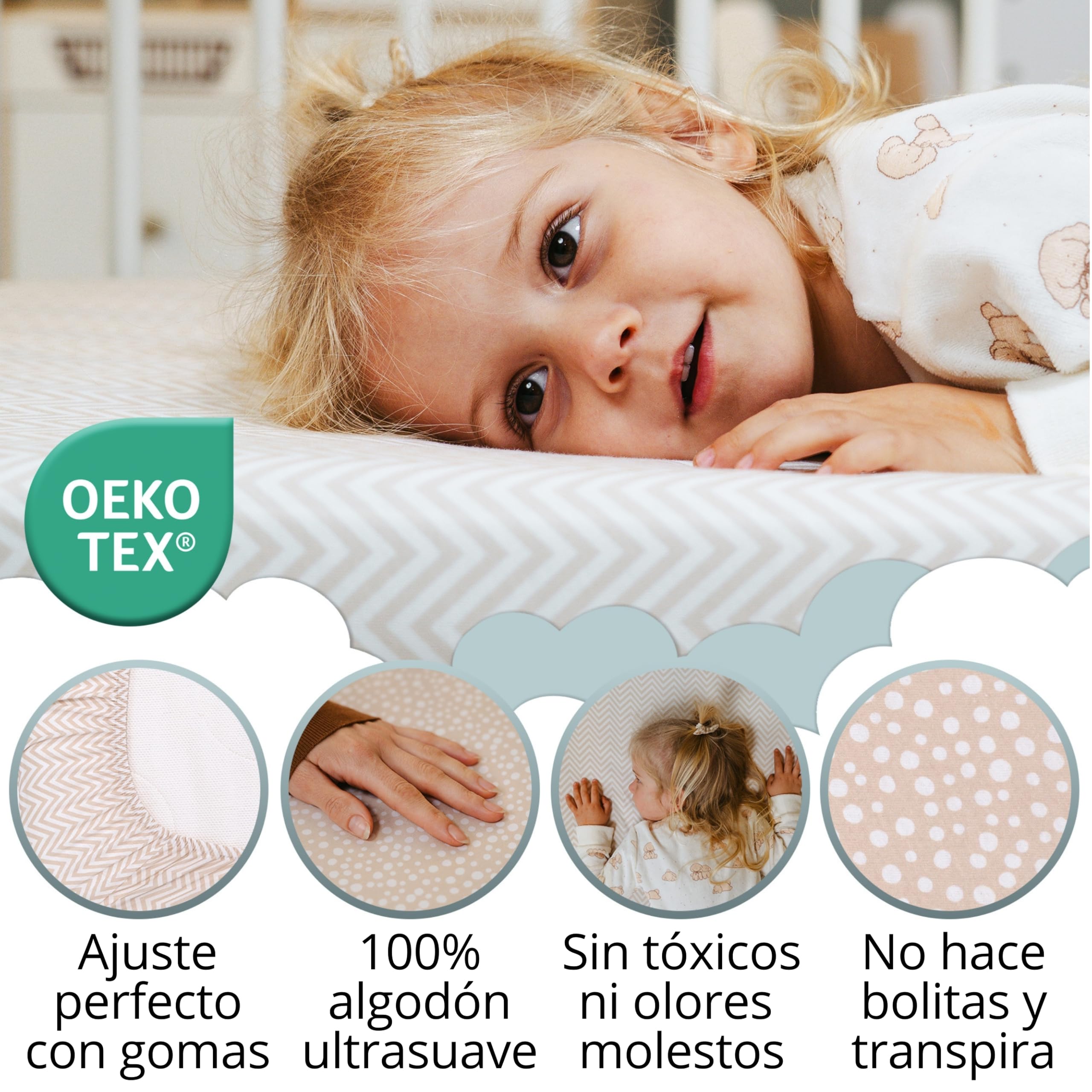 Set Sabanas Cuna 70x140. 2 Sabanas Bajeras de Algodon Jersey + 1 Protector de Colchon Impermeable de Rizo para Cama Bebe. Certificado OekoTex. Estampado Beige 140 x 70