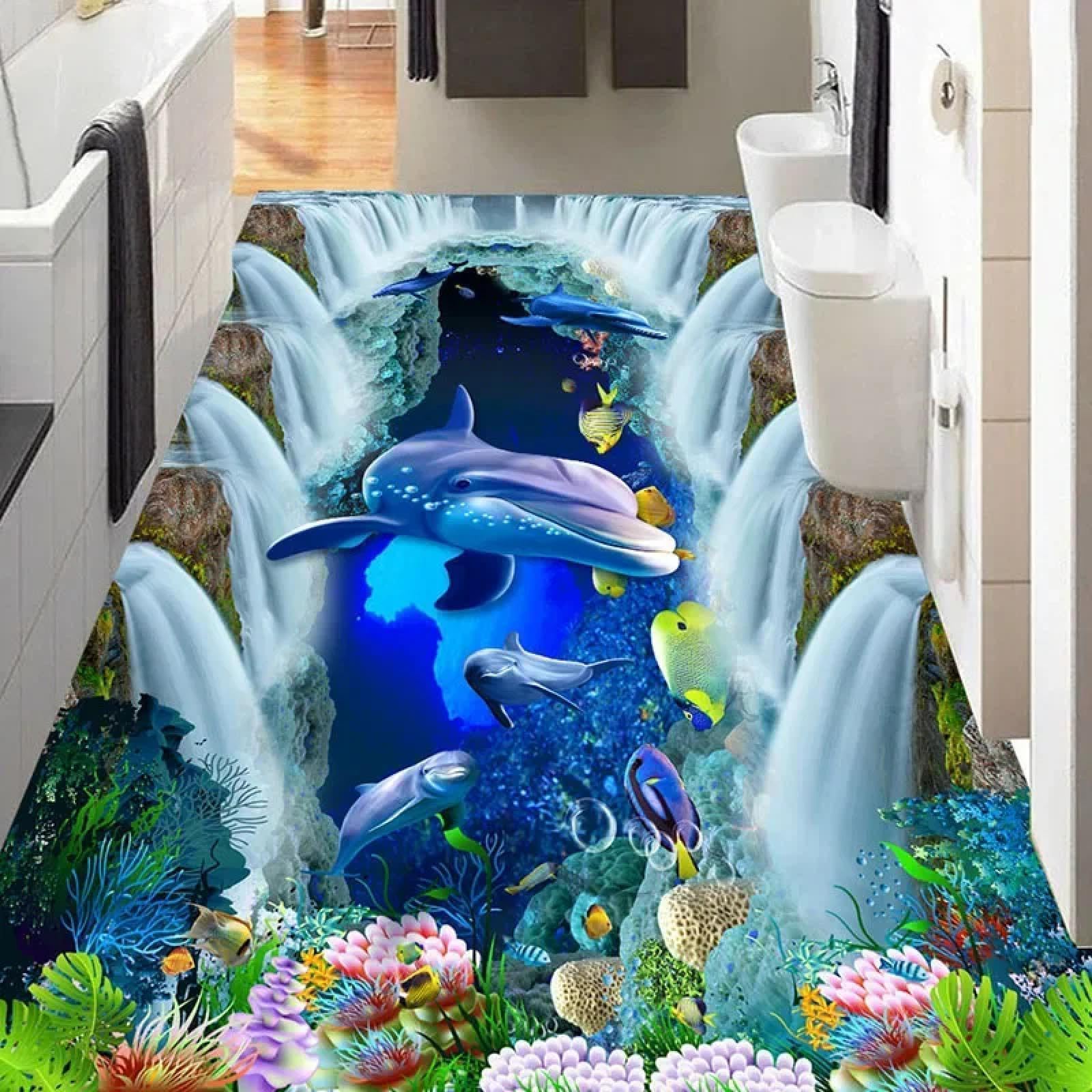 Stickers muraux 3D dauphins pour décorer la salle de bain des enfants