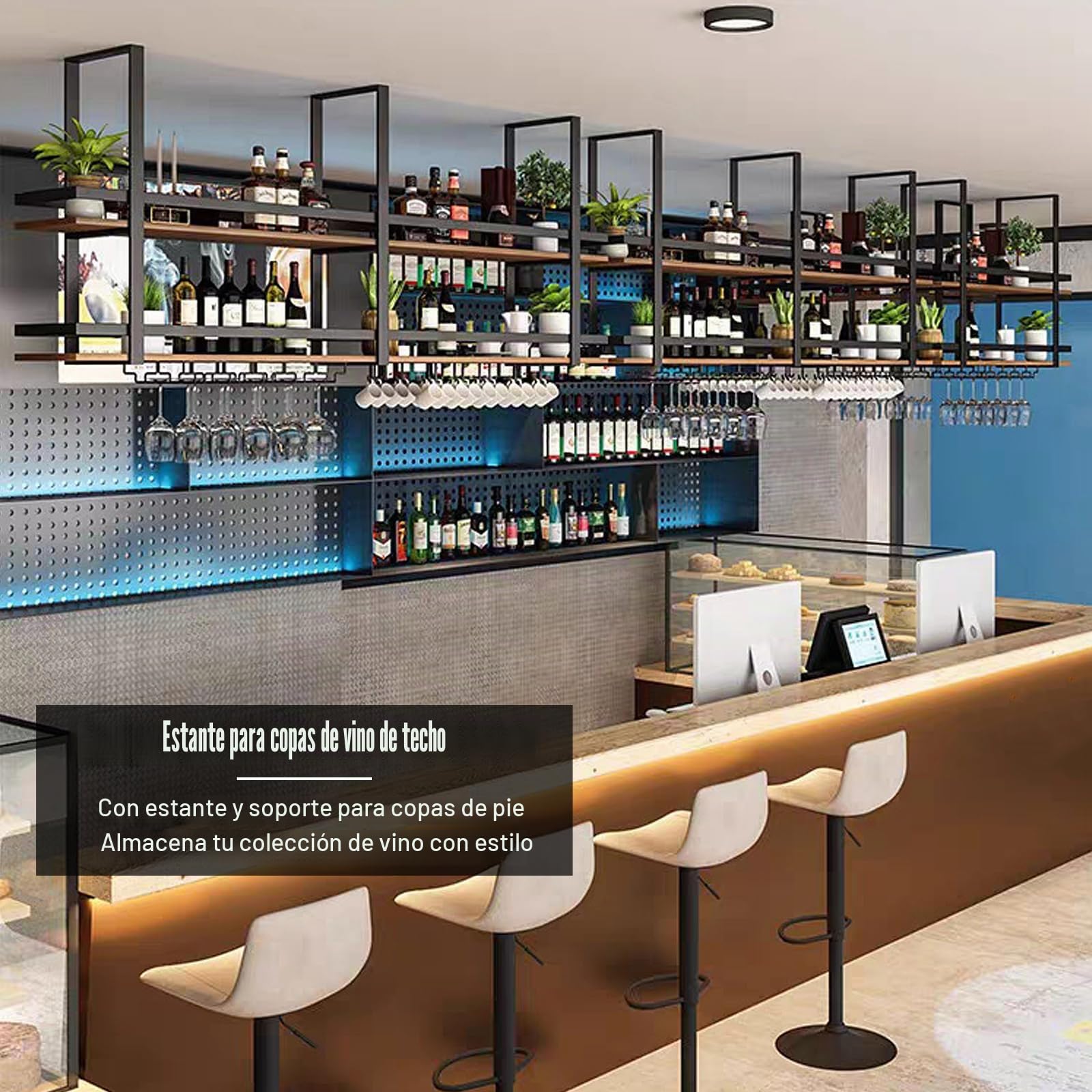 Soporte Para Copa de Vino Colgante Botellero - Botellero de Techo con Portabotellas, Soporte de Botella de vino Colgante Industrial de 2 Capas, Para Cocina de Bar Cafetería (100×30×80cm, negro)