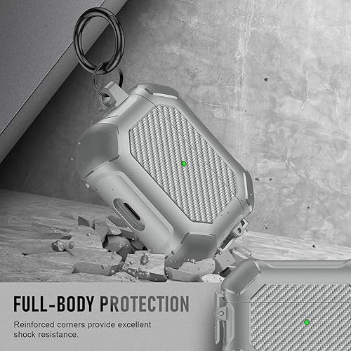 Vista 29 de Maxjoy Funda para AirPods Pro, clip de bloqueo seguro de fibra de carbono, cuerpo completo, a prueba de golpes, carcasa rígida con llavero