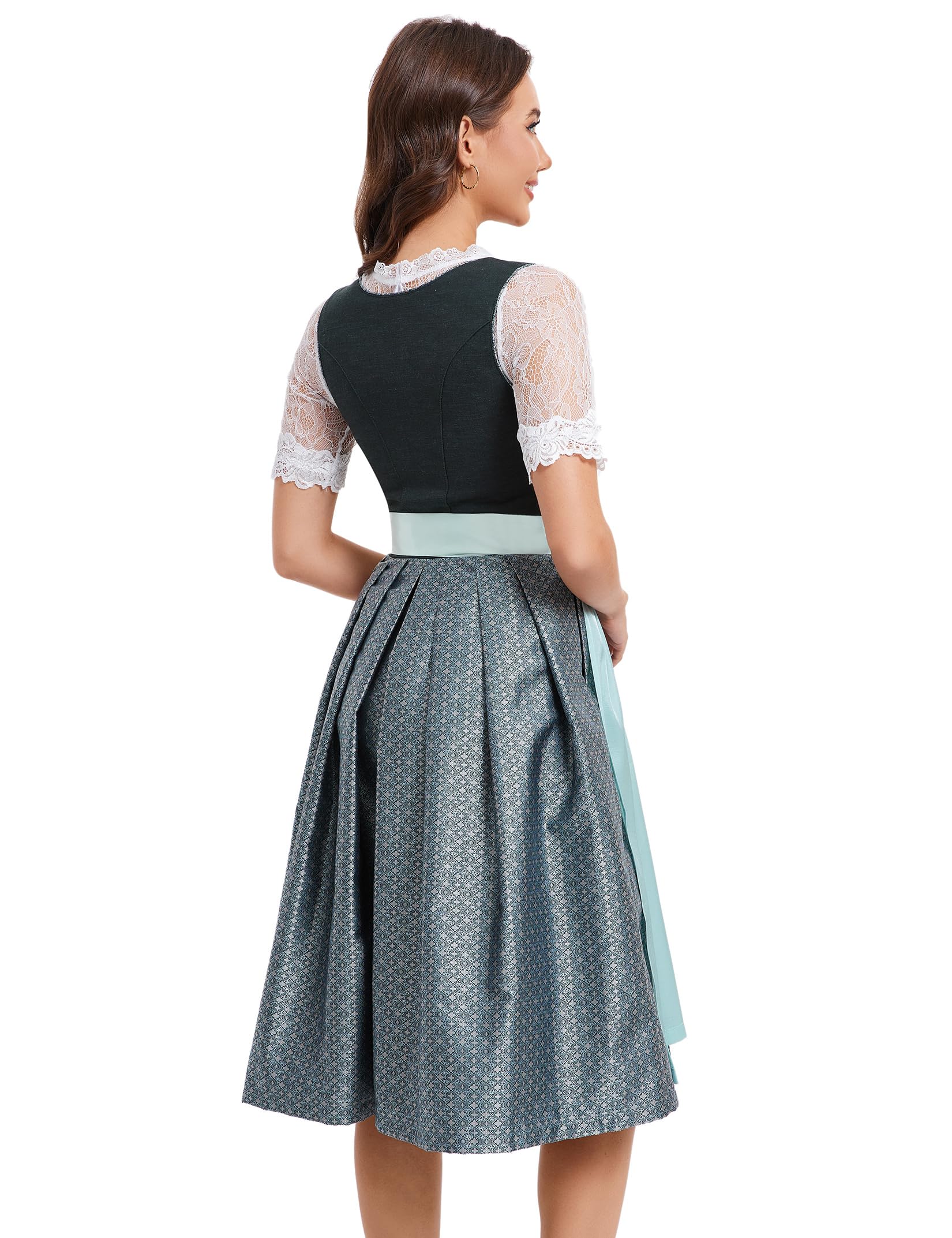 YesFashion Dirndl Damen Midi Trachtenkleid Jacquar Trachtenmode Dirndlkleid inkl. Dirndlbluse Dirndlschürze 3 teilig für Oktoberfest Besondere Anlässe
