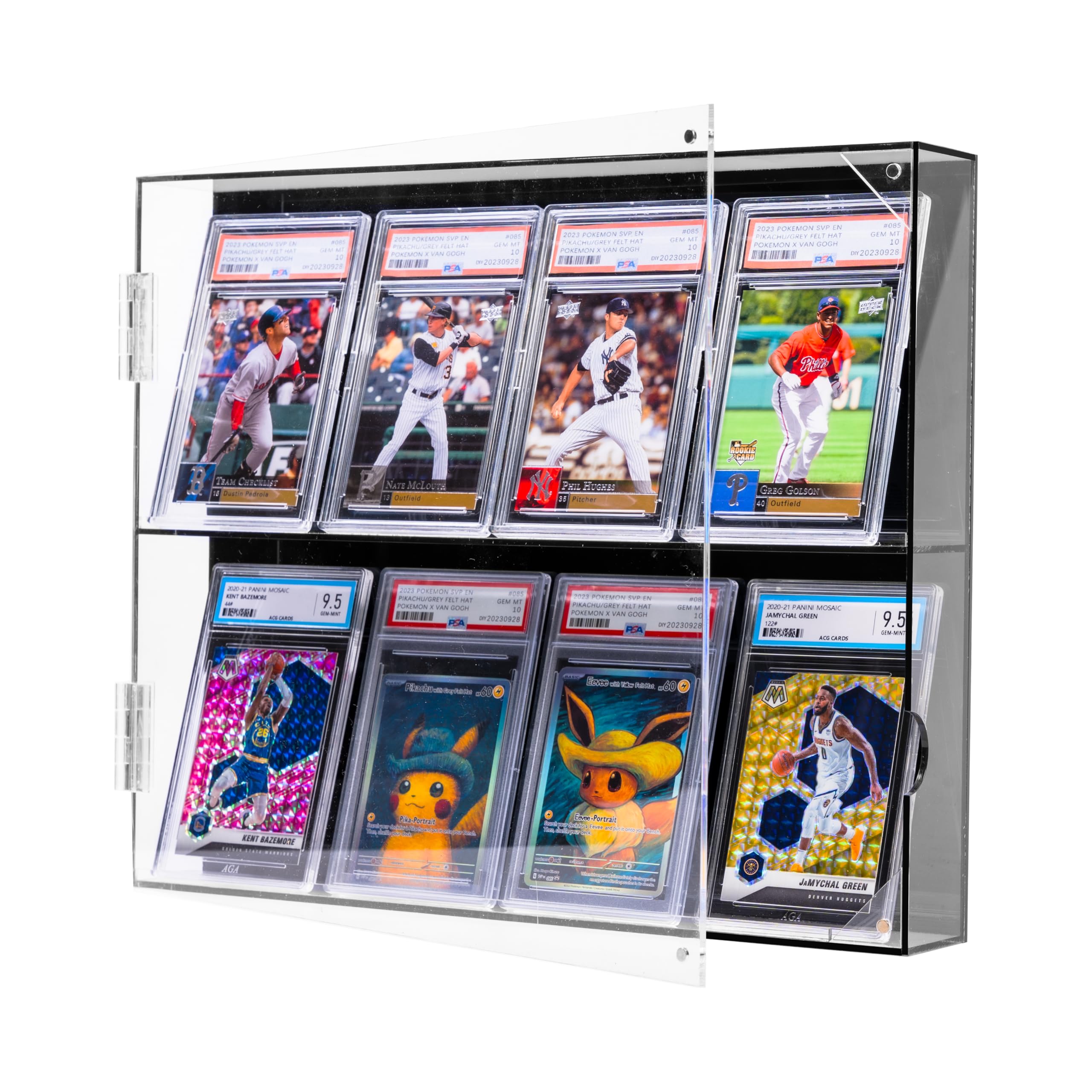 YYDS Acrylic Baseball Card Display Case, Clear View, Display for 8 Graded Cards, Wall Mount with UV Protection, Trading Card Display with Magnetic Door for Sports Cards, TCG, PTCG, and PSA, CGC, MTG