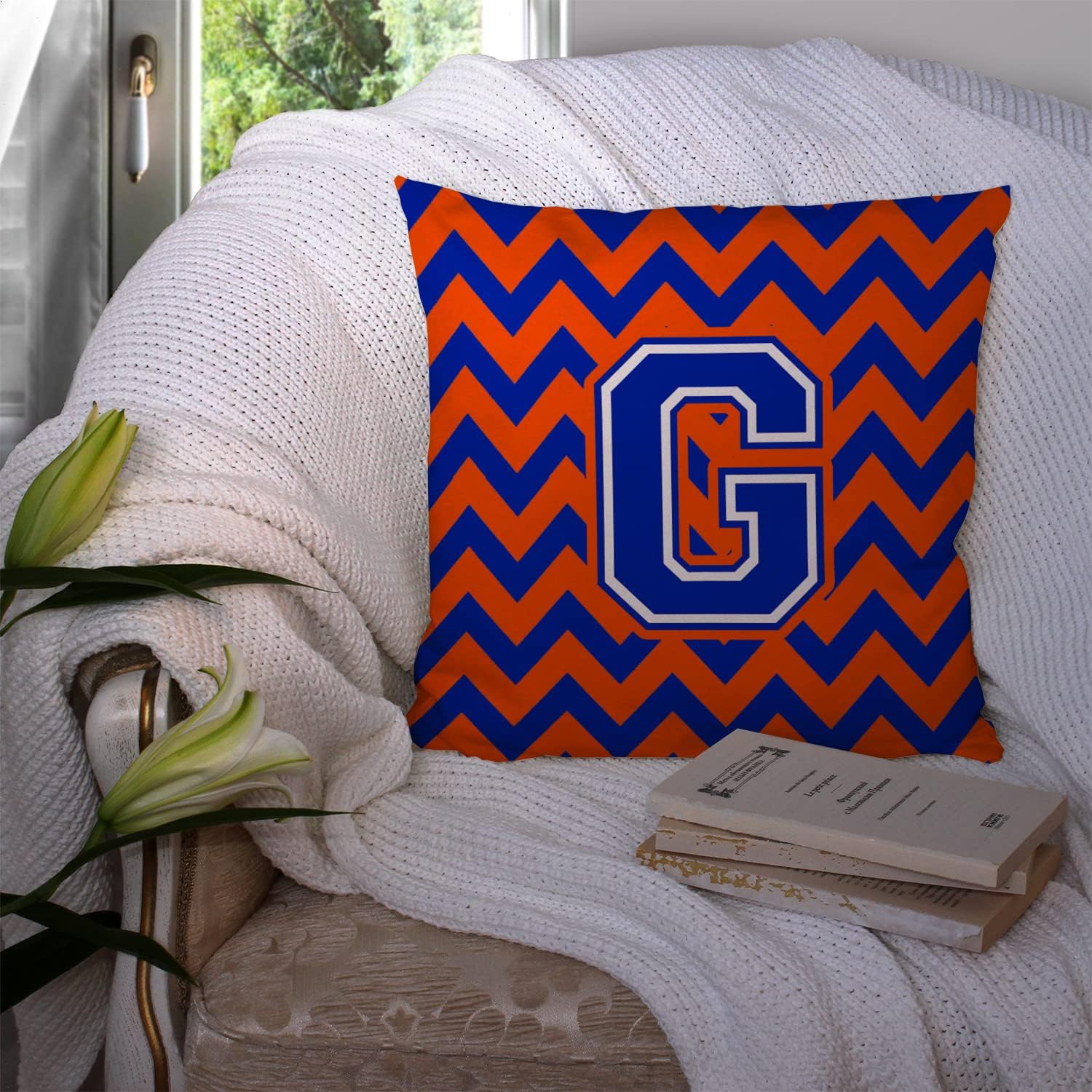 Caroline's Treasures CJ1044-GPW1414 Letter G Chevron Orange and Blue Fabric Decorative Pillow Machine Washable, Indoor Outdoor Decorative Pillow for Couch, Bed or Patio, 14Hx14W