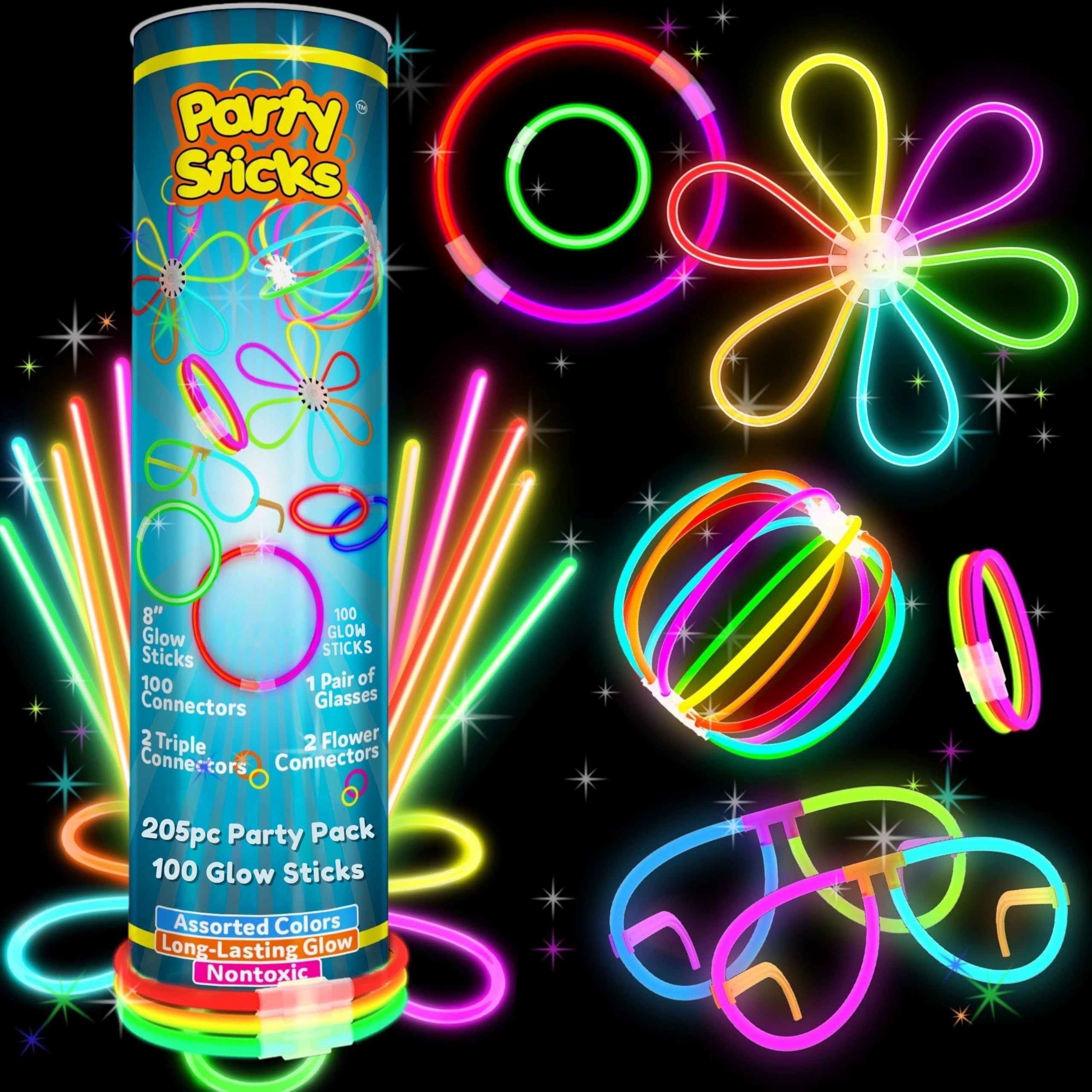 PartySticks Ultra Bright Bulk Party Supplies - Glow in The Dark Glow Sticks with Eye Glasses, Bracelets, and Connectors - Light Up Halloween 4th of July Party Favors