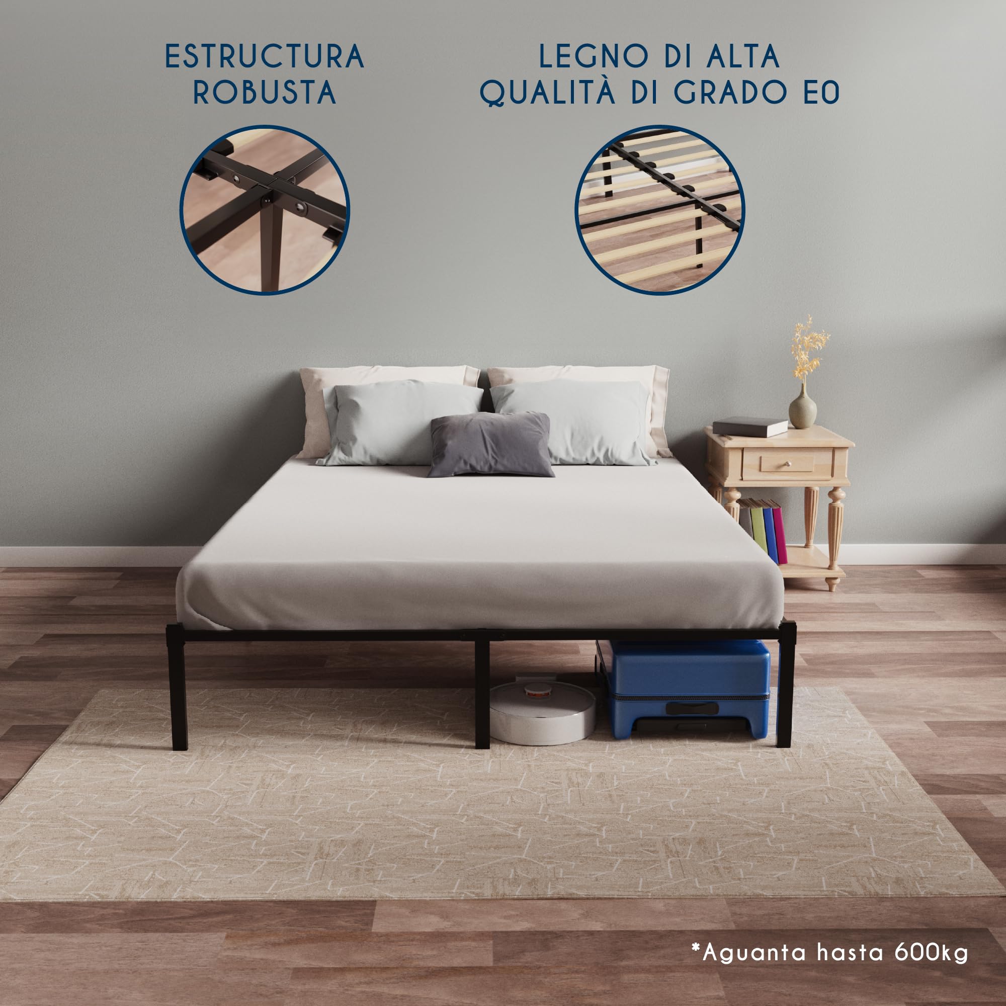 Dreamzie Somier 140x190 cm - Somier para Cama con Patas -Láminas Madera y Estructura de Tubos de Acero - Altura de 41 cm - Base Resistente - Montaje Sencillo