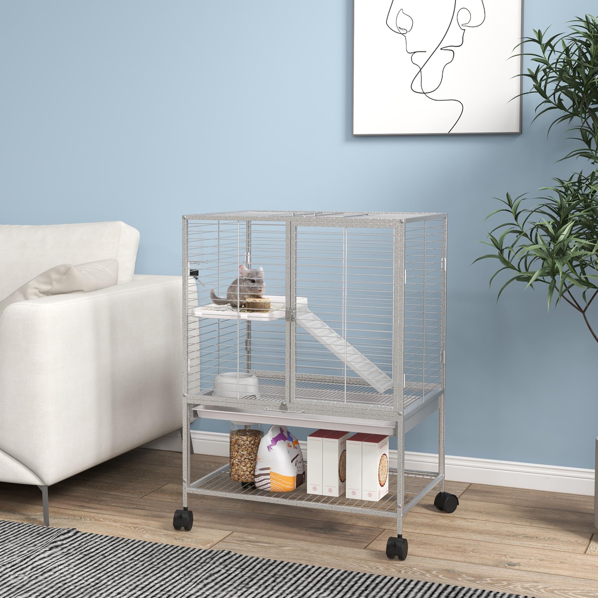 PawHut - Jaula para animales pequeños, Jaulas para hurones, con ruedas de 2 niveles con 2 puertas, 1 rampa y 1 estante de almacenamiento, cuenco, botella, 61,5 x 44,5 x 86 cm, color gris