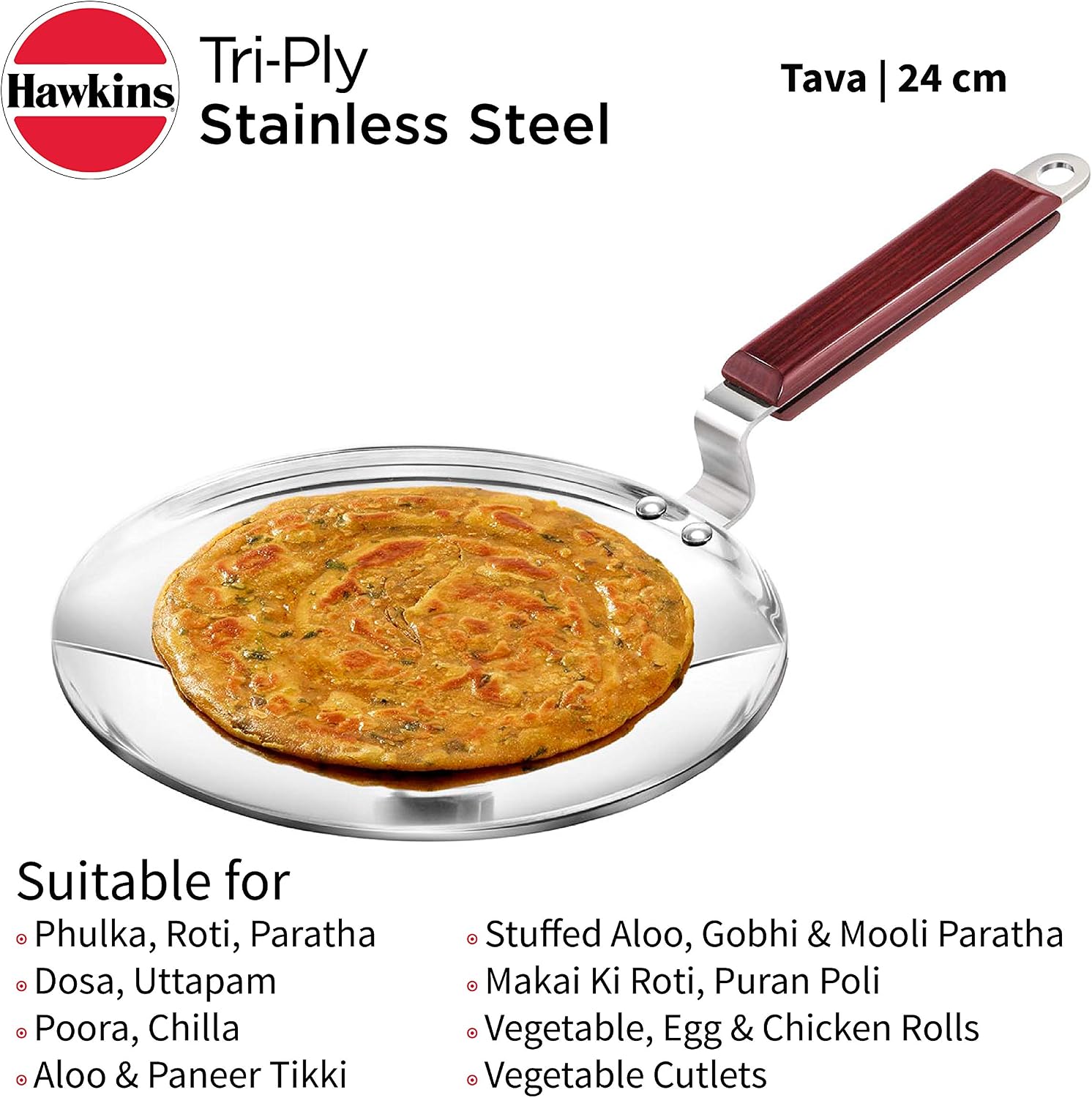 Hawkins 24 cm Tava, Triply Stainless Steel Tawa with Stainless Steel Handle, Induction Tawa, Silver (SSTV24)