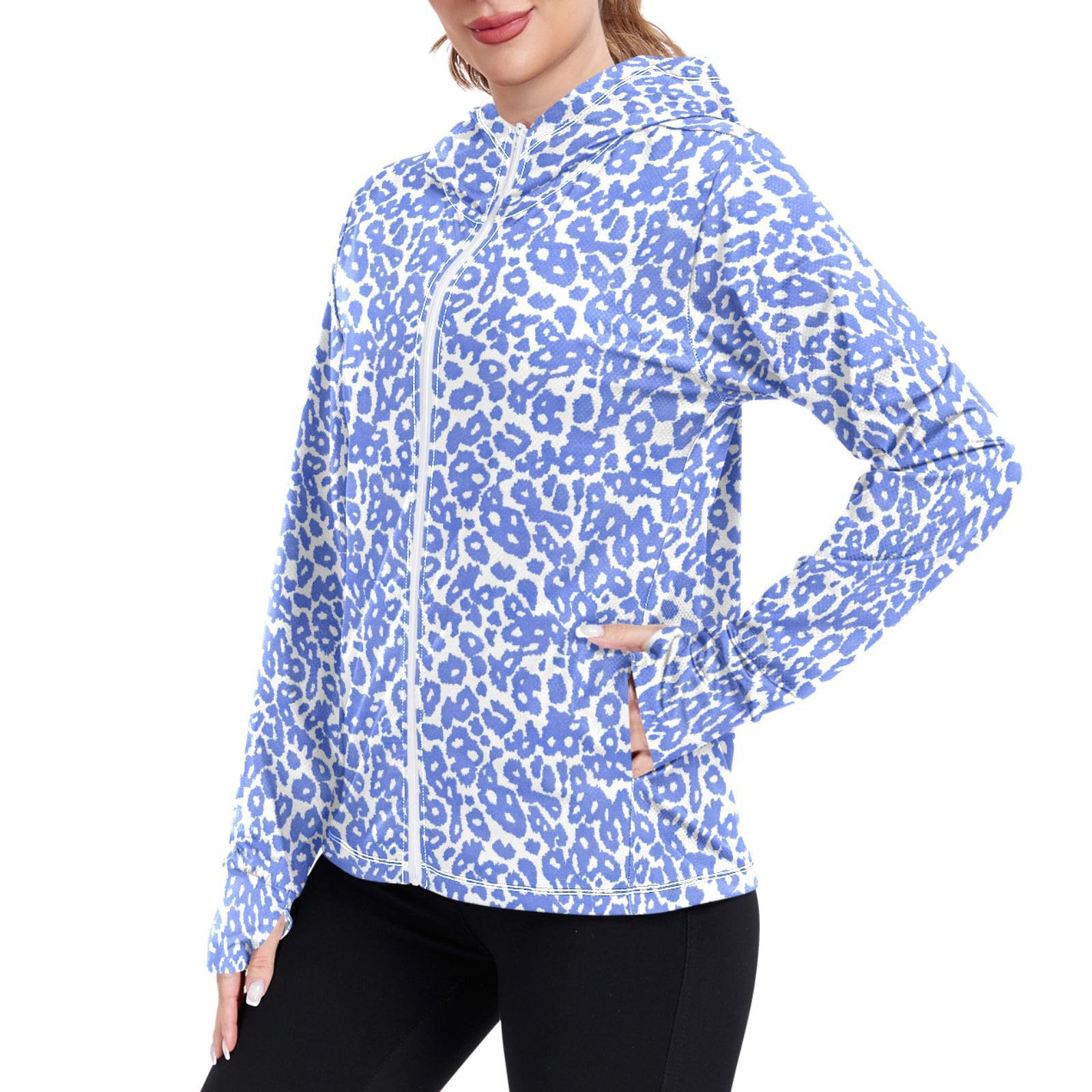 Leopard Printed Blue Women Sun Protection Hoodie Jacket Lightweight Womens Zip Up Jackets UPF 50+